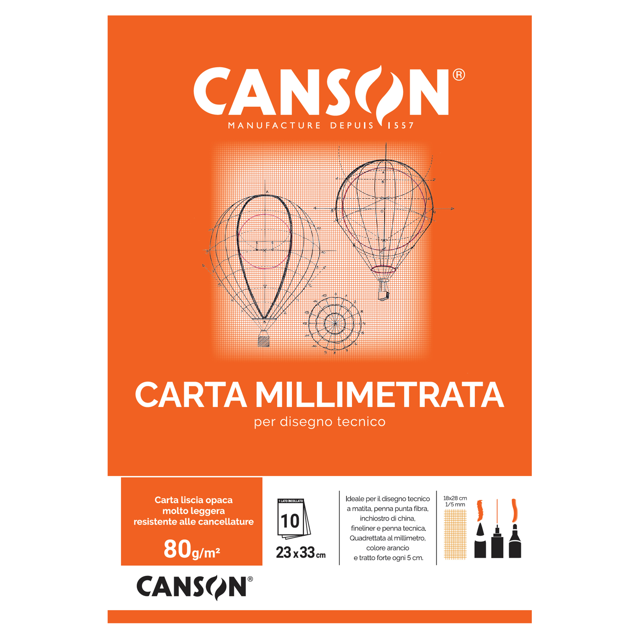 Blocco carta opaca millimetrata - 23 x 33 cm - 10 fogli - 80gr - Canson
