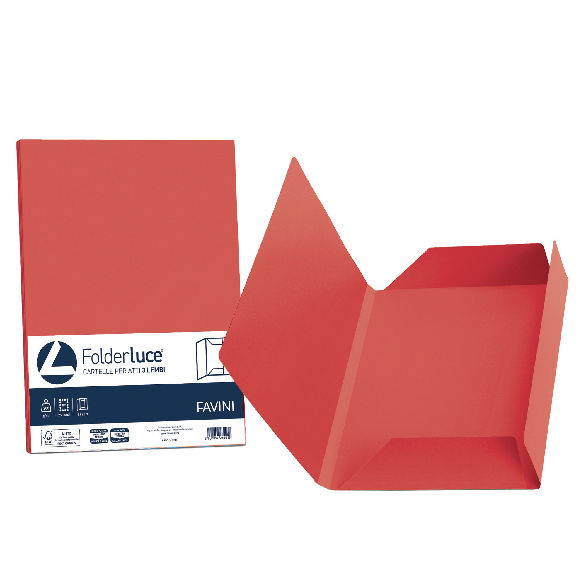 Cartellina 3 lembi Luce - 200 gr - A4 - cartoncino bristol - rosso scarlatto - Favini - conf. 25 pezzi