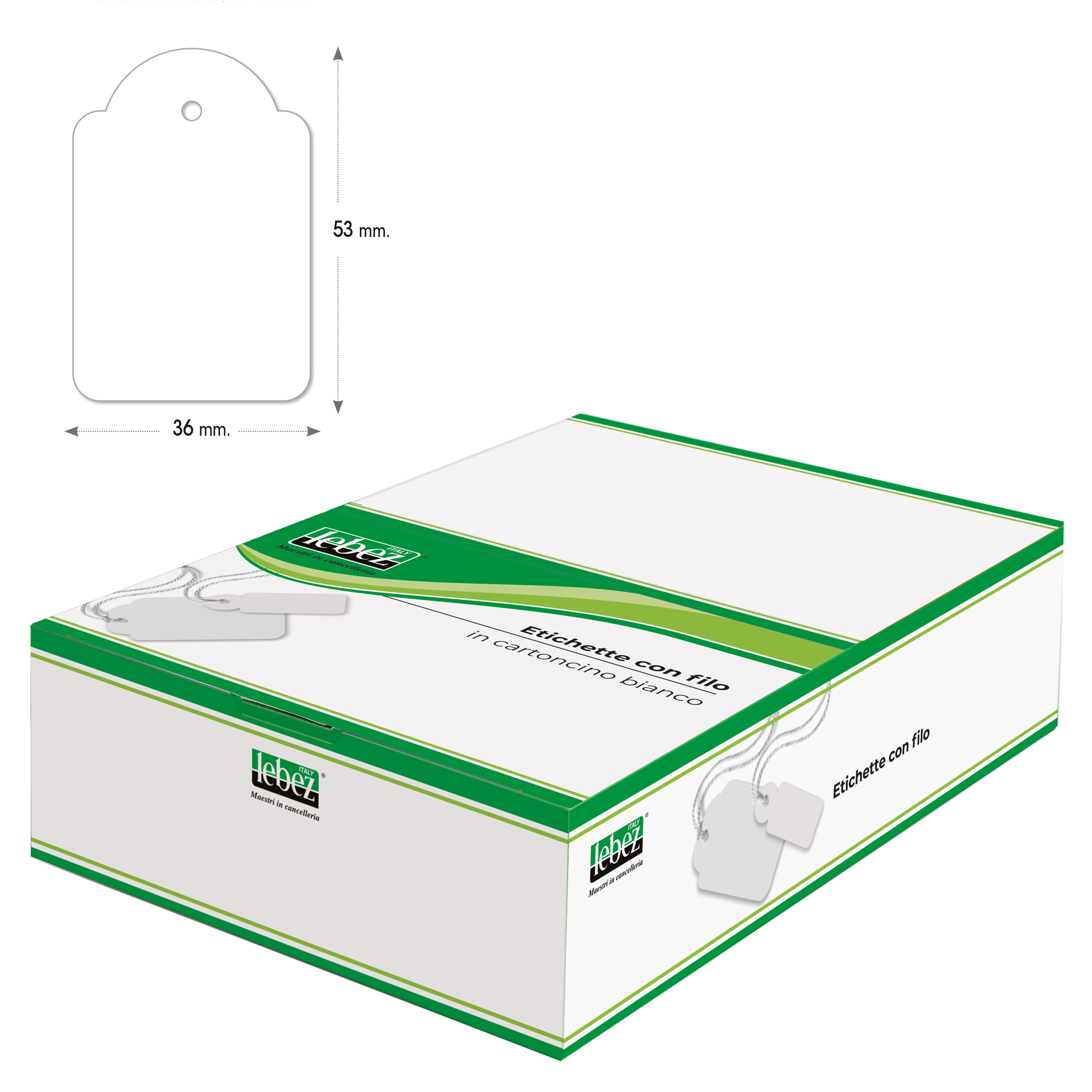 Etichette con filo A392 - 36 x 53 mm - bianco - Lebez - conf. 500 pezzi
