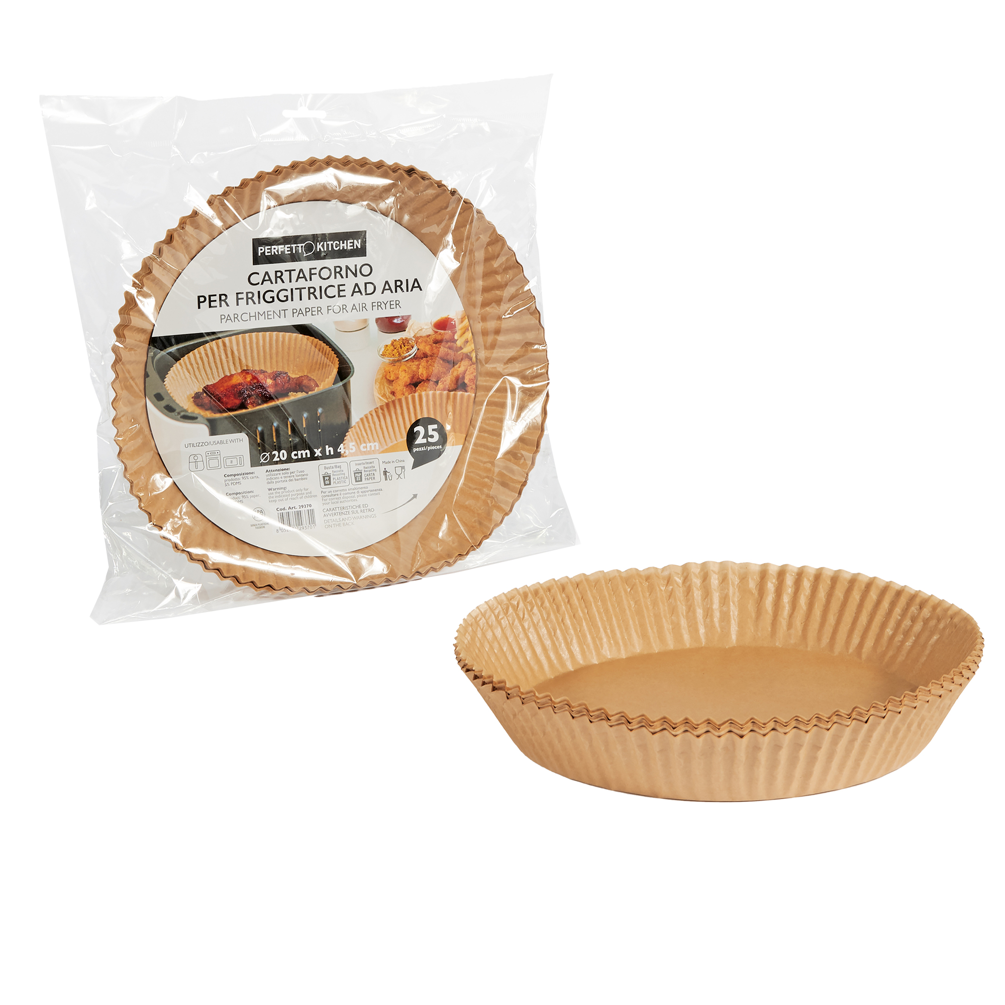 Vaschette cartaforno per friggitrice ad aria - in busta - diametro 20 cm - altezza 4,5 cm - avana - Perfetto Kitchen - conf. 25 pezz i