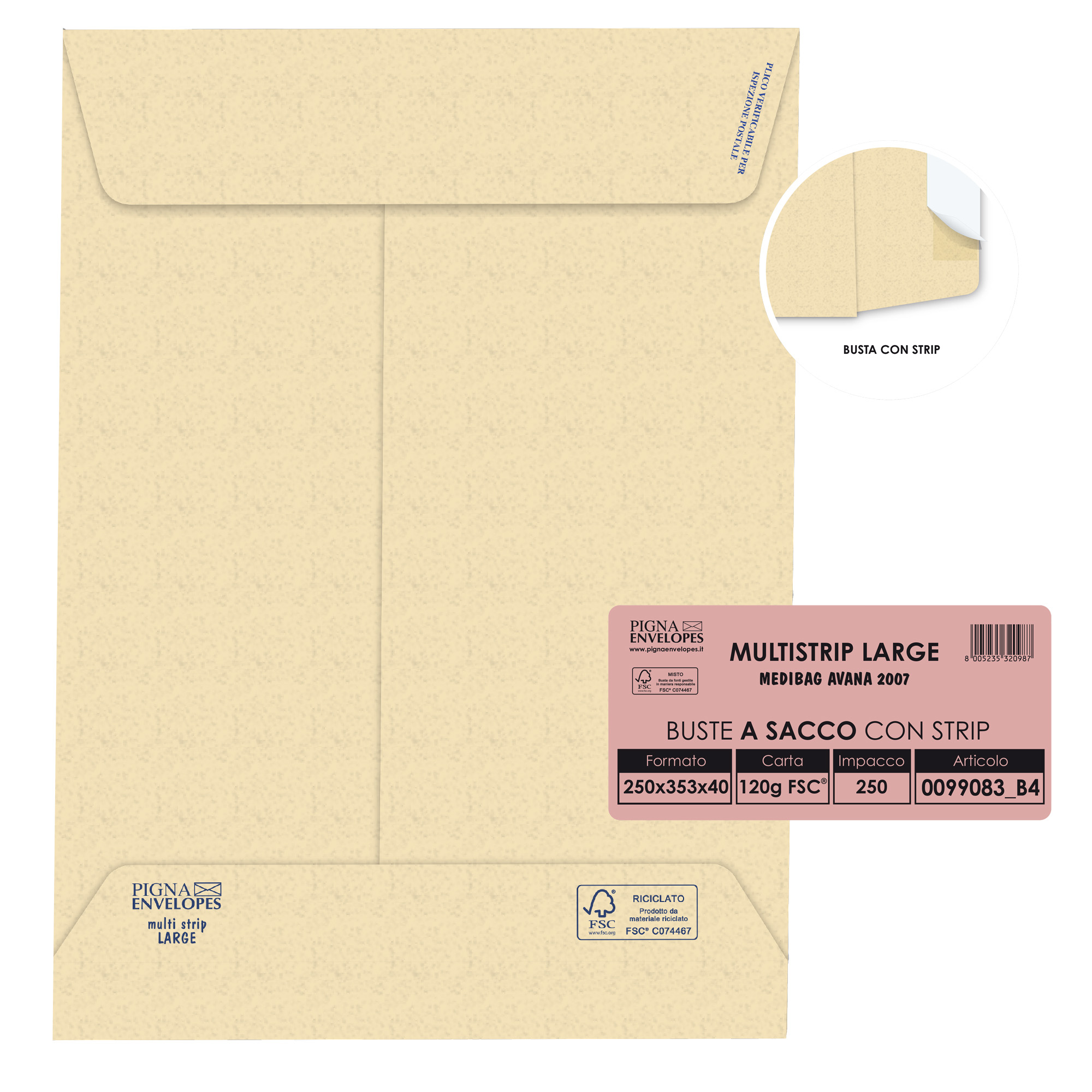 Busta a sacco Multi Strip Large - soffietti laterali - strip adesivo - 25 x 35,3 x 4 cm - 120 gr - carta riciclata FSC - avana - Pigna Envelopes - conf. 250 pezzi