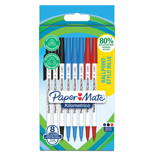 Penna sfera - cappuccio - Kilometrico Recycled - punta 1,0 mm - colori assortiti - Papermate - conf. 8 pezzi
