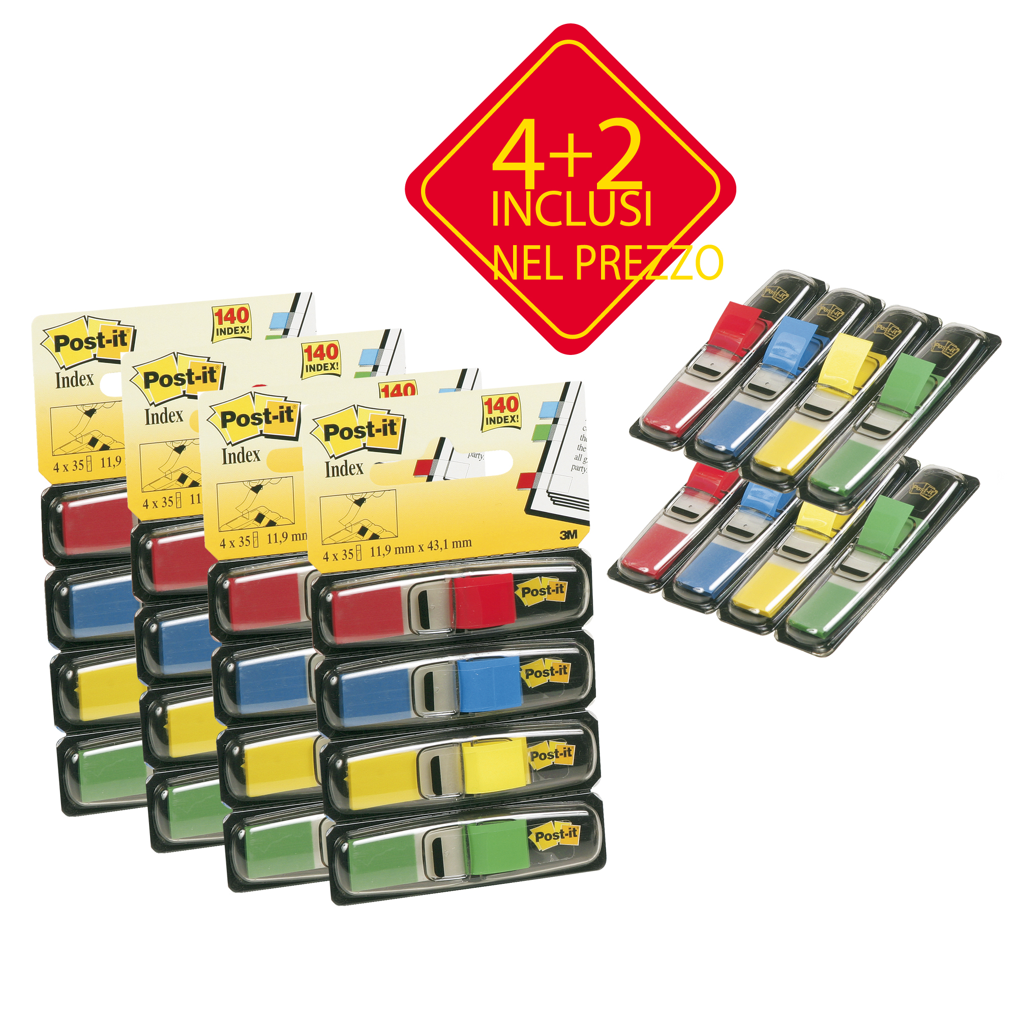 Segnapagina Post-it Index Mini - 683-6 - 4 colori classici - Value Pack 4+2 (blister da 140 segnapagina ciascuno) - Post-it