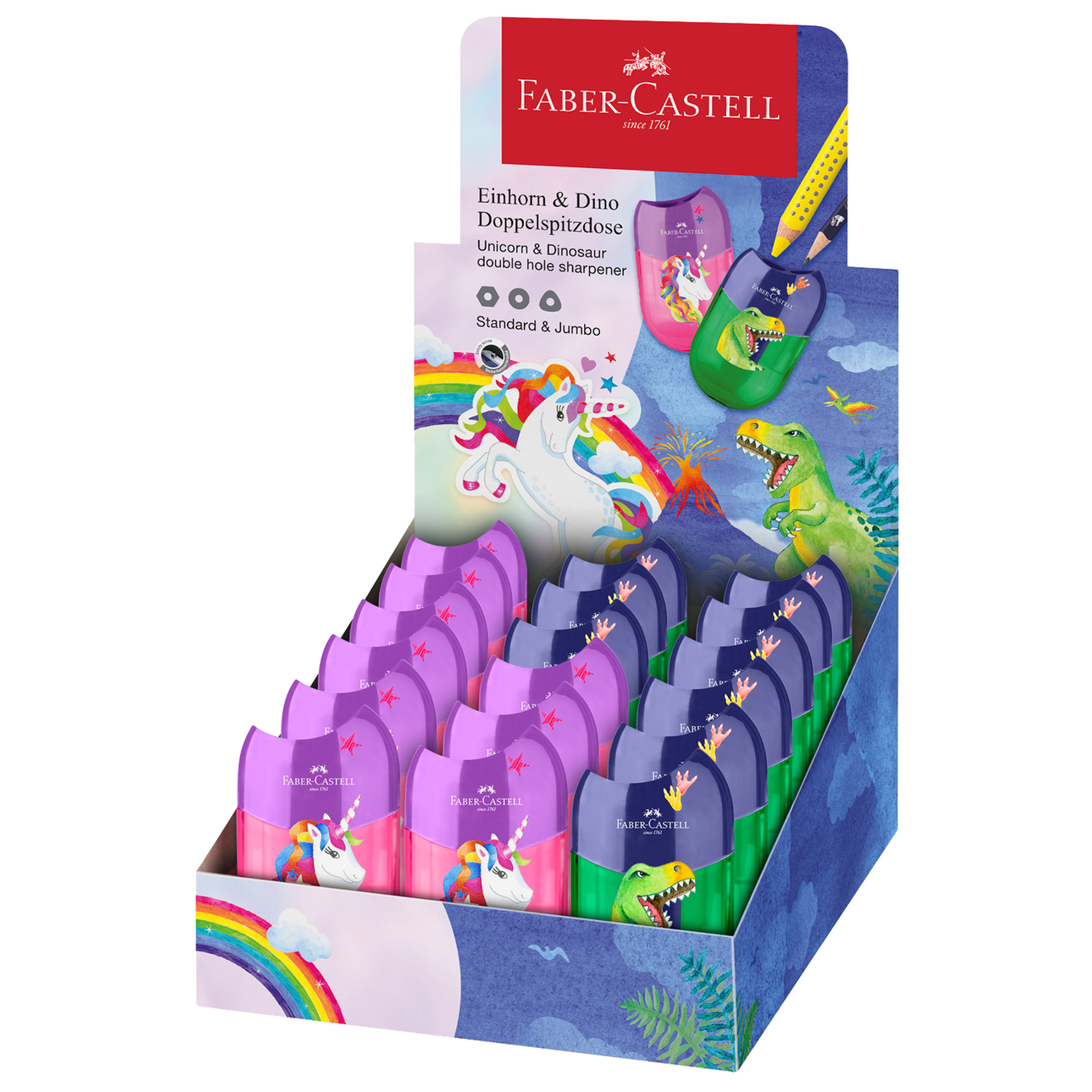 Temperamatite unicorno e dinosauro - con serbatoio - 2 fori - colori assortiti - Faber Castell