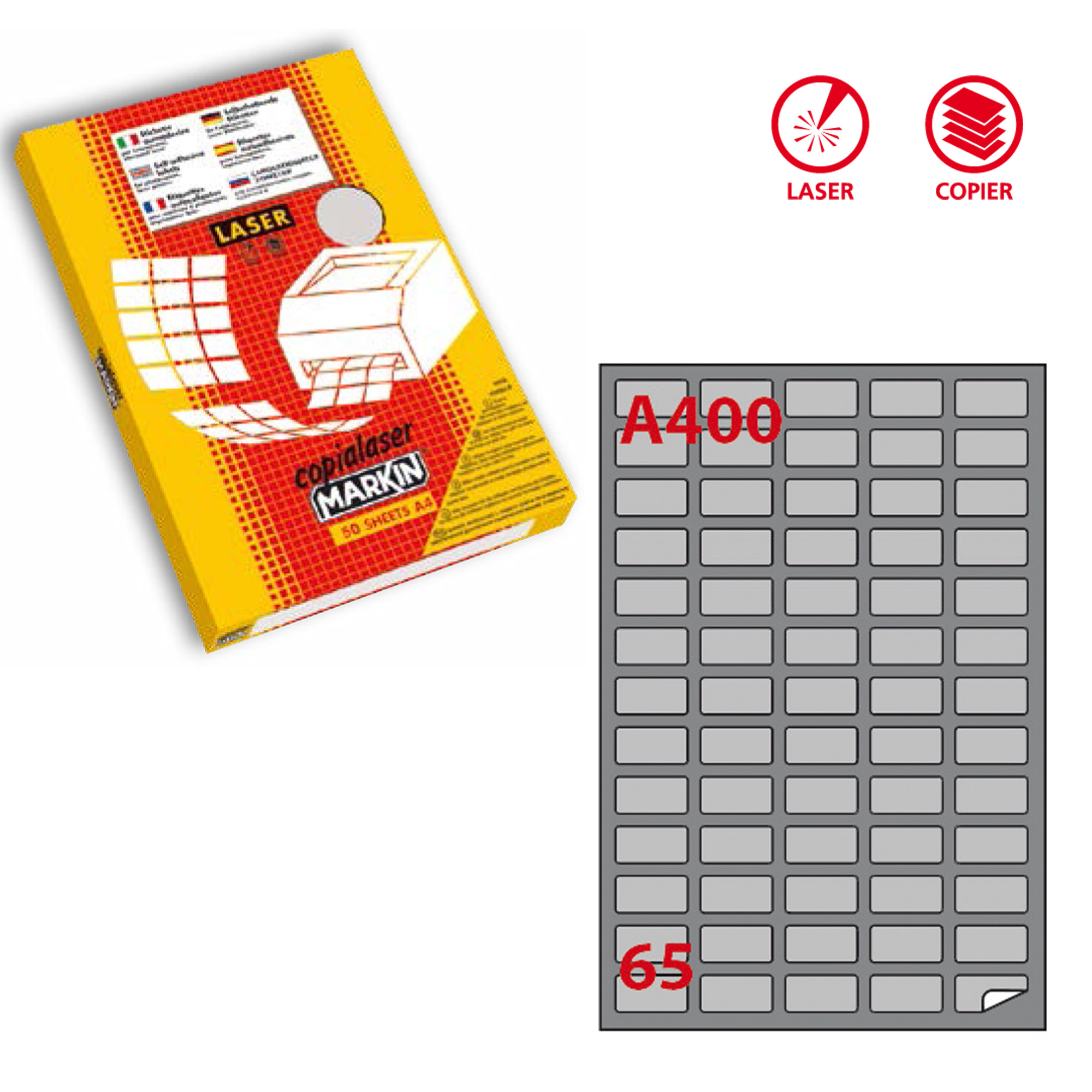 Etichette adesive A/400 - in carta - permanenti - 38,1 x 21,2 mm - 65 et/fg - 100 fogli - argento - angoli tondi - x laser - Markin