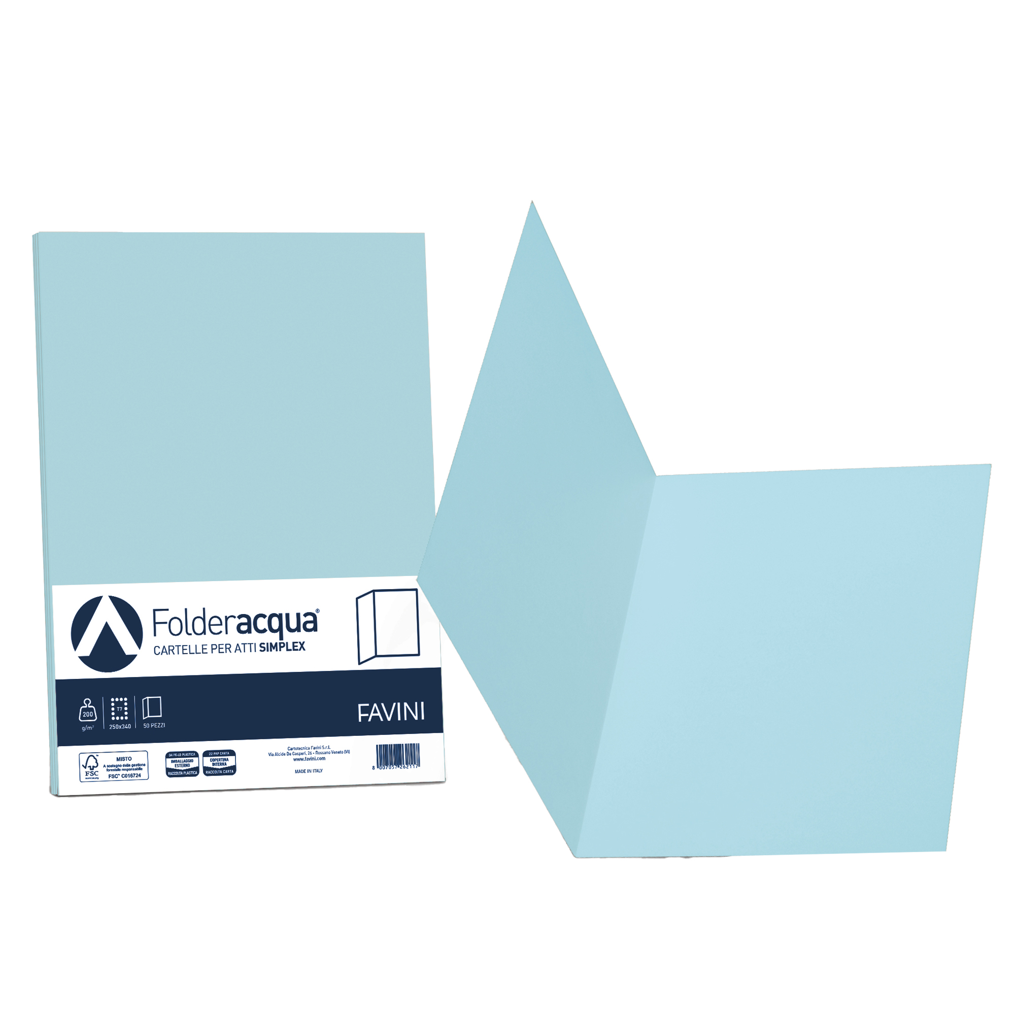 Cartellina semplice Acqua - 200 gr - A4 - celeste - cartoncino bristol - Favini - conf. 50 pezzi