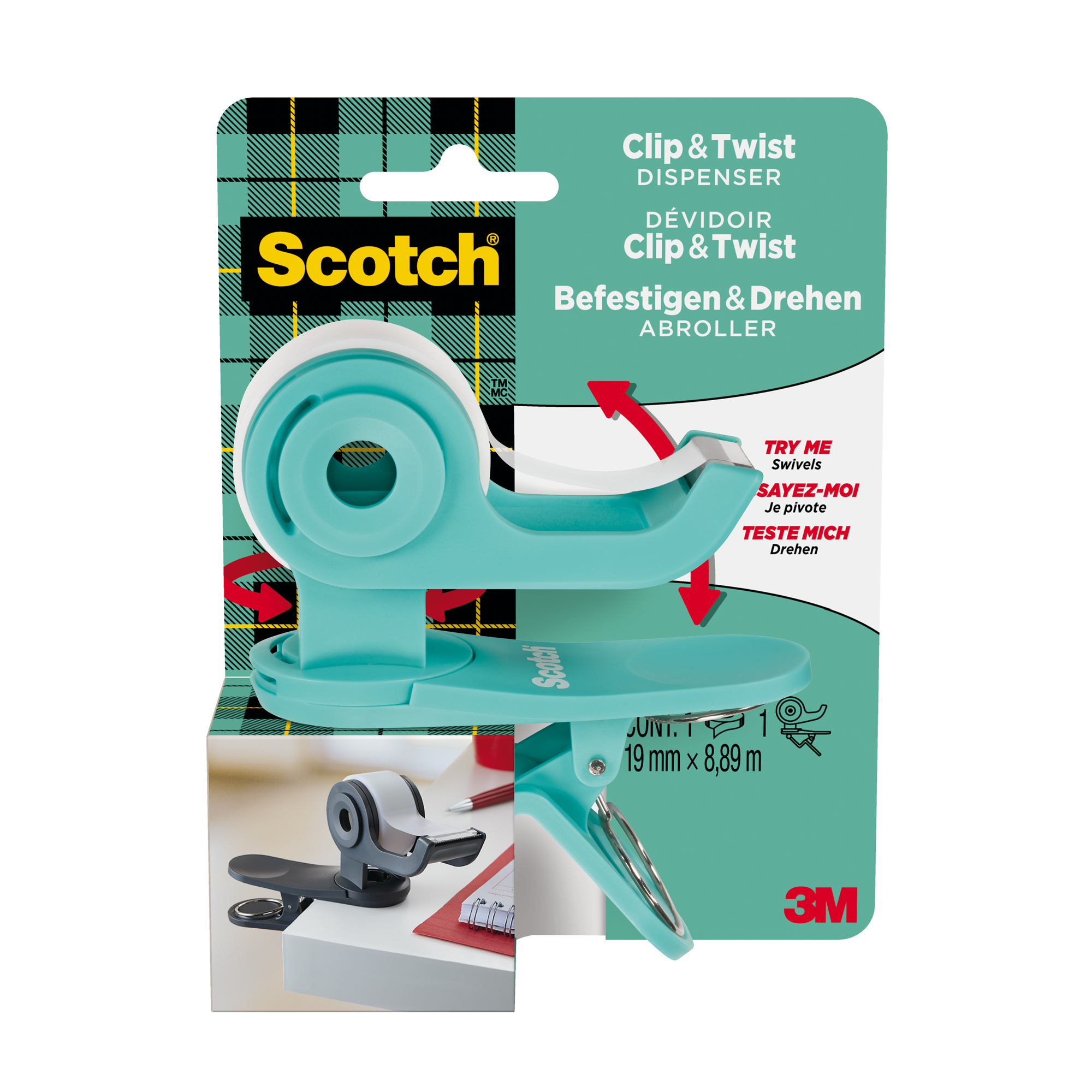 Dispenser Clip & Twist - per nastri 33 m - rotolo da 1,9 cm x 9,8 m incluso - grigio - Scotch