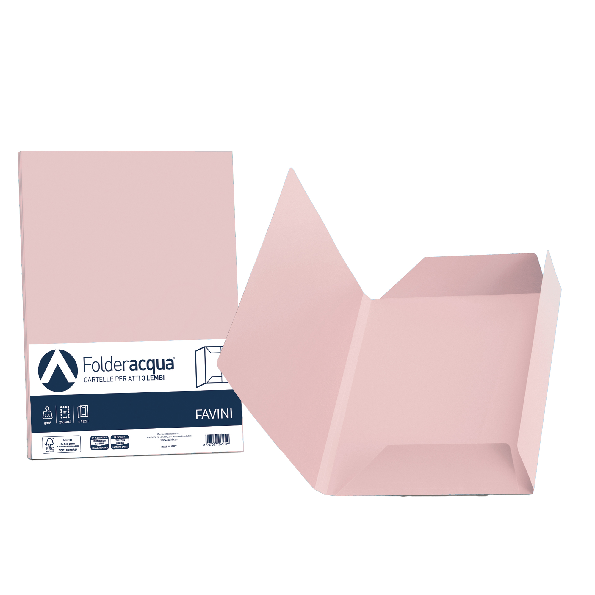 Cartellina 3 lembi Acqua - 200 gr - A4 - cartoncino bristol - rosa - Favini - conf. 25 pezzi