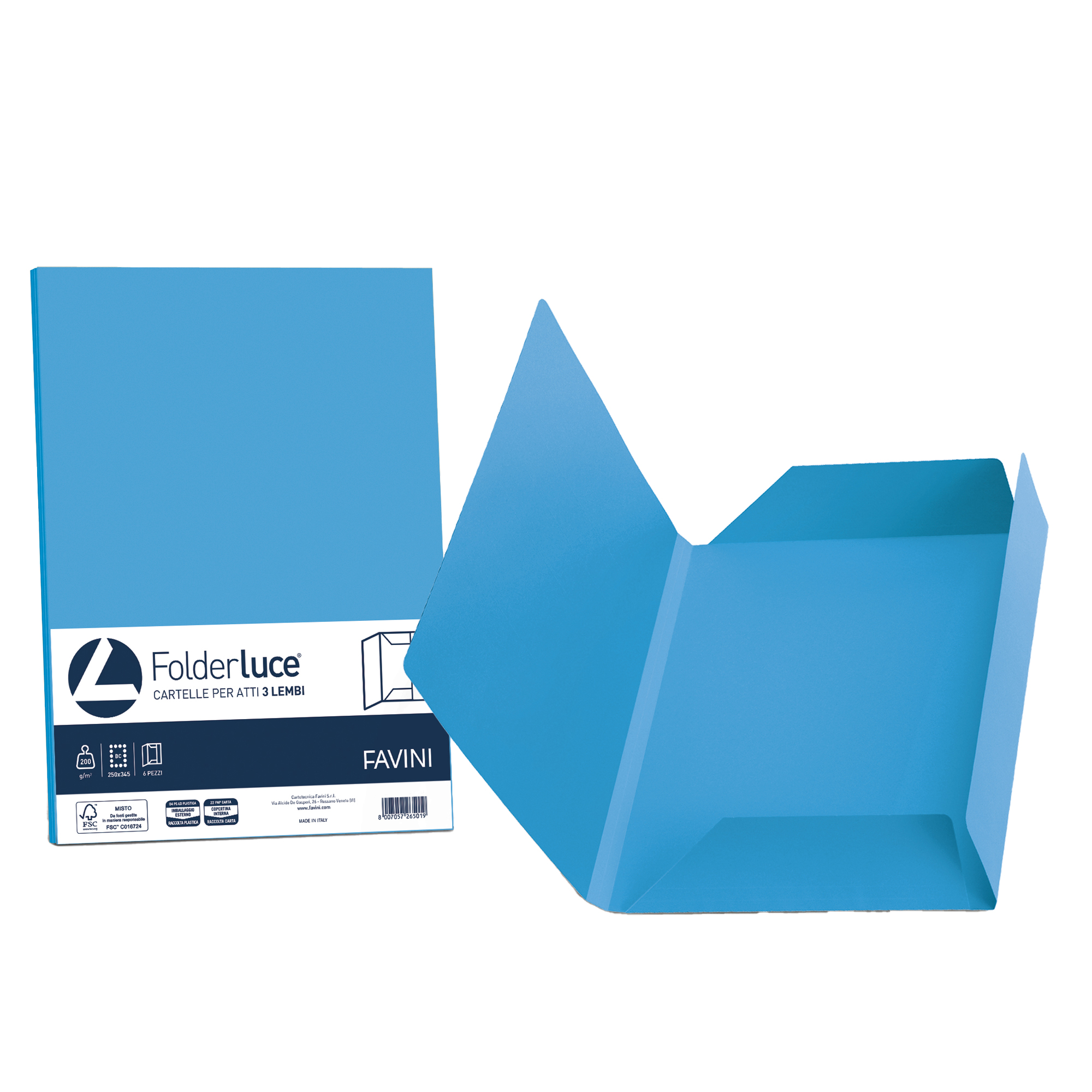 Cartellina 3 lembi Luce - 200 gr - A4 - cartoncino bristol - azzurro - Favini - conf. 25 pezzi