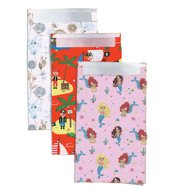 Sacchetto regalo - fantasie assortite - c/patella adesiva - 26 x 40 + 5 cm - carta - Rex Sadoch - conf. 3pz