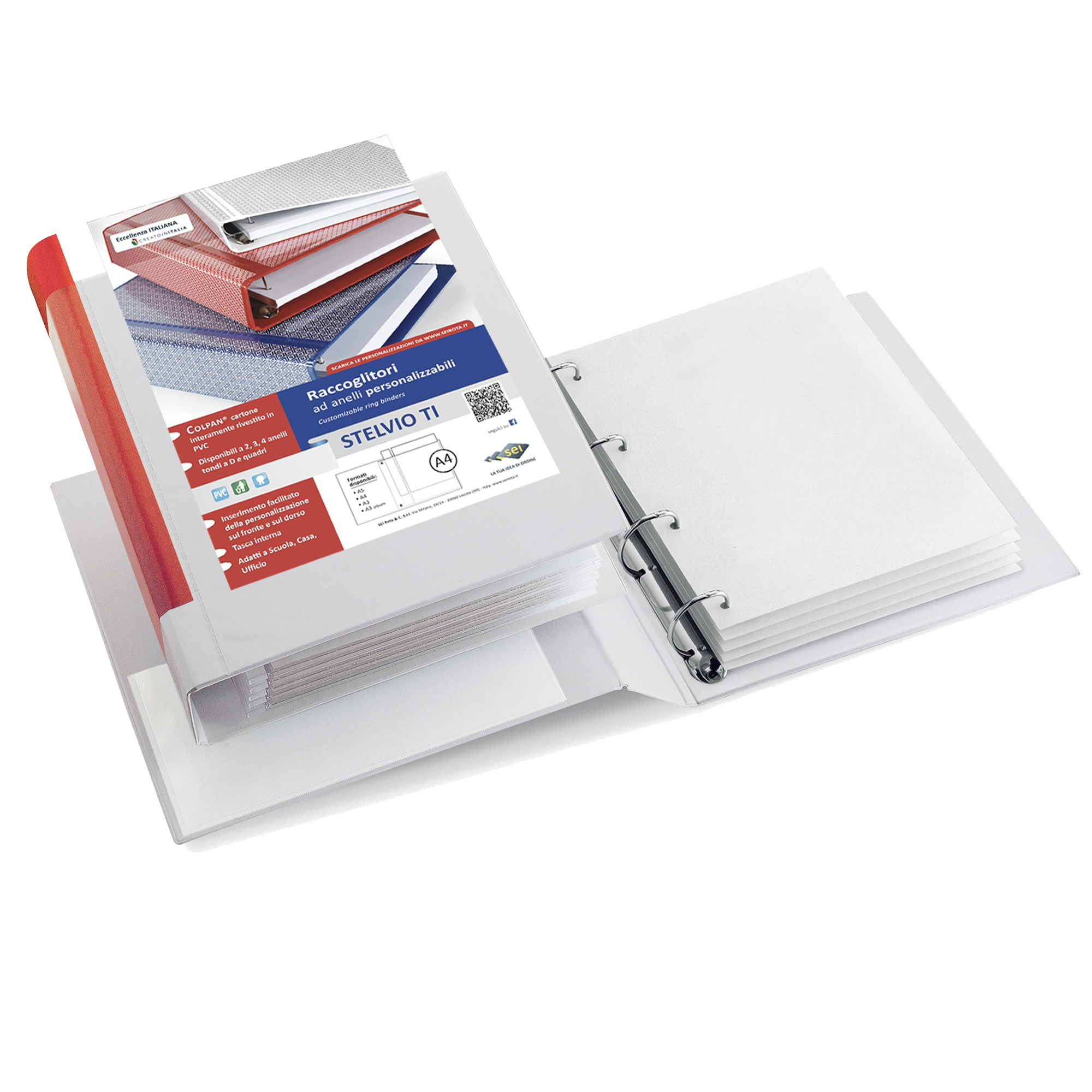 Raccoglitore personalizzabile Stelvio TI - 22 x 30 cm - 4 anelli a D 40 mm - dorso 5,5 cm - bianco - Sei Rota