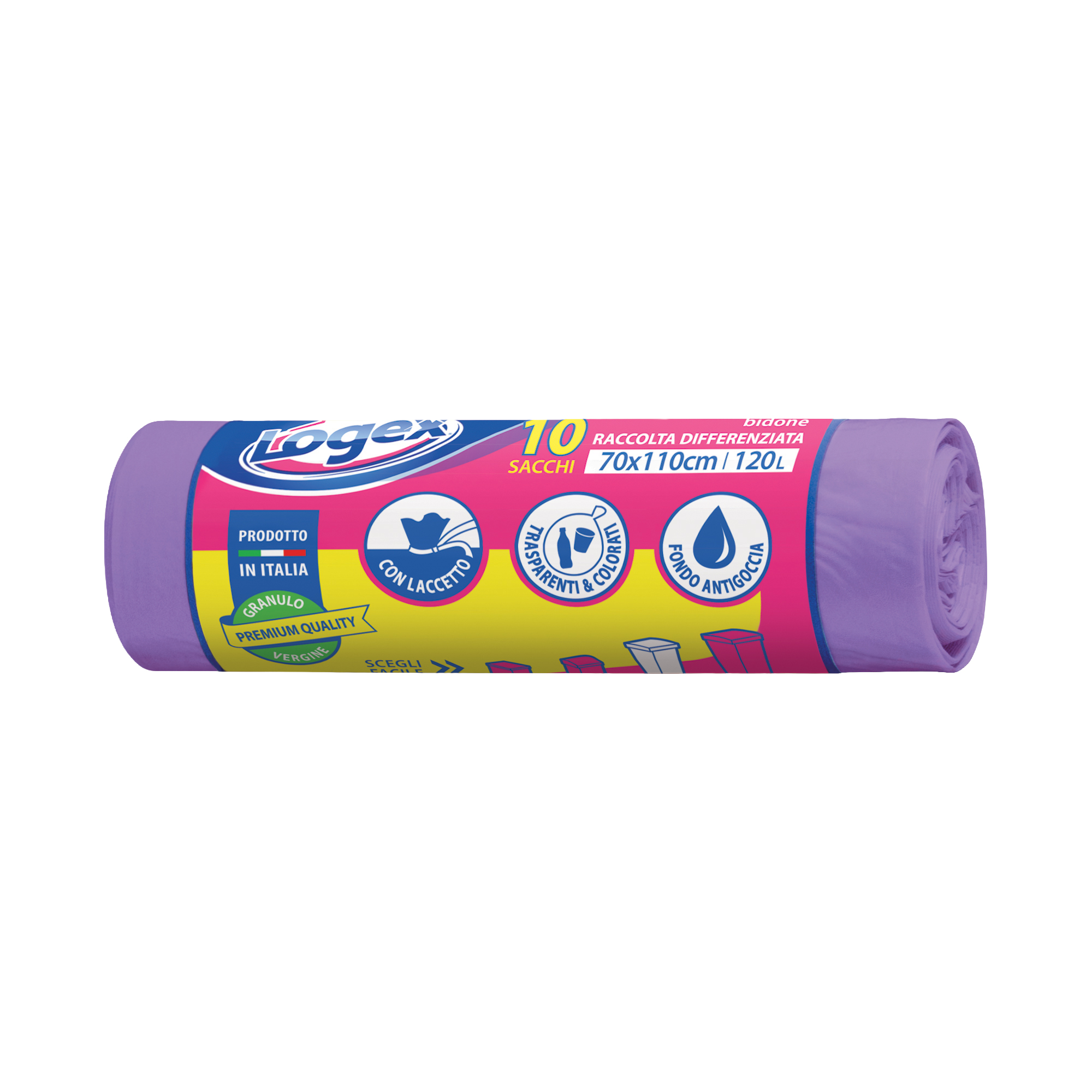 Sacchi per immondizia - 70x110 cm - 120 L - 16 micron - viola - Logex Professional - rotolo da 10 sacchetti
