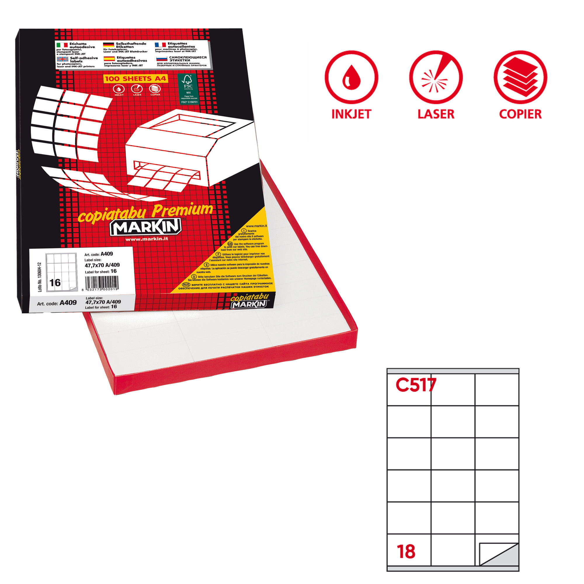 Etichette adesive C/517 - in carta - permanenti - 70 x 48 mm - 18 et/fg - 100 fogli - bianco - Markin