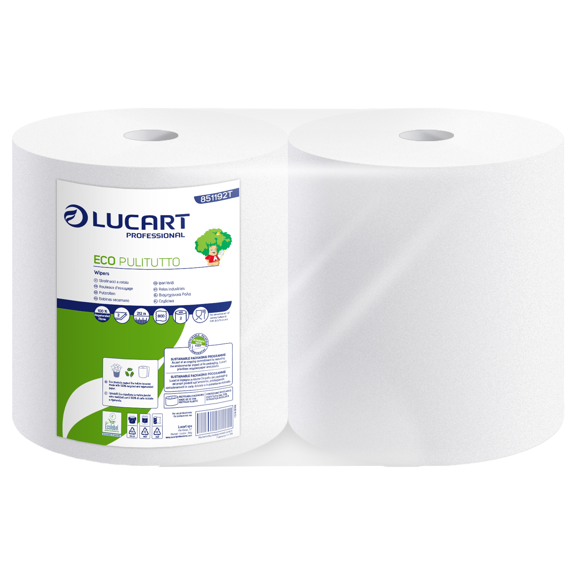 Bobina asciugatutto Eco Pulitutto - microgoffrata - 2 veli - diametro 24,5 cm - 23,5 cm x 212 m - 18,5 gr - carta riciclata - bianco  - Lucart