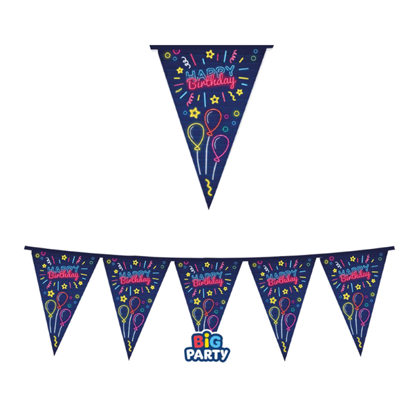 Festone bandiere Happy Birthday - in cartoncino - neon - 3 mt - Big Party