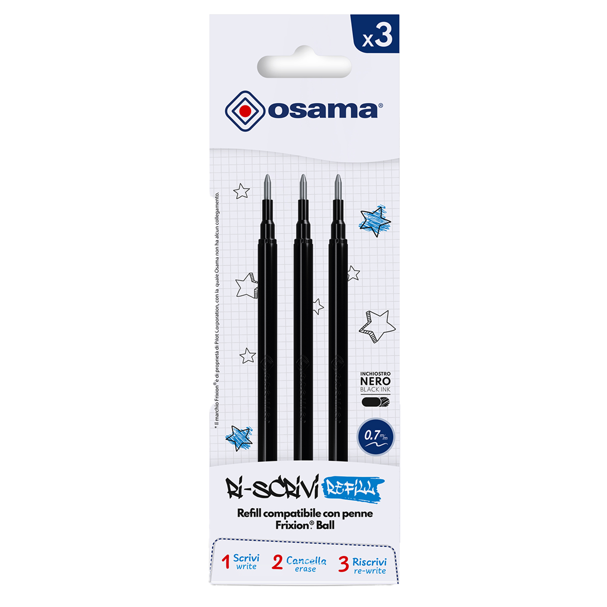 Refill per penne gel cancellabili - punta 0,7 mm - nero  - Osama - conf. 3 pezzi