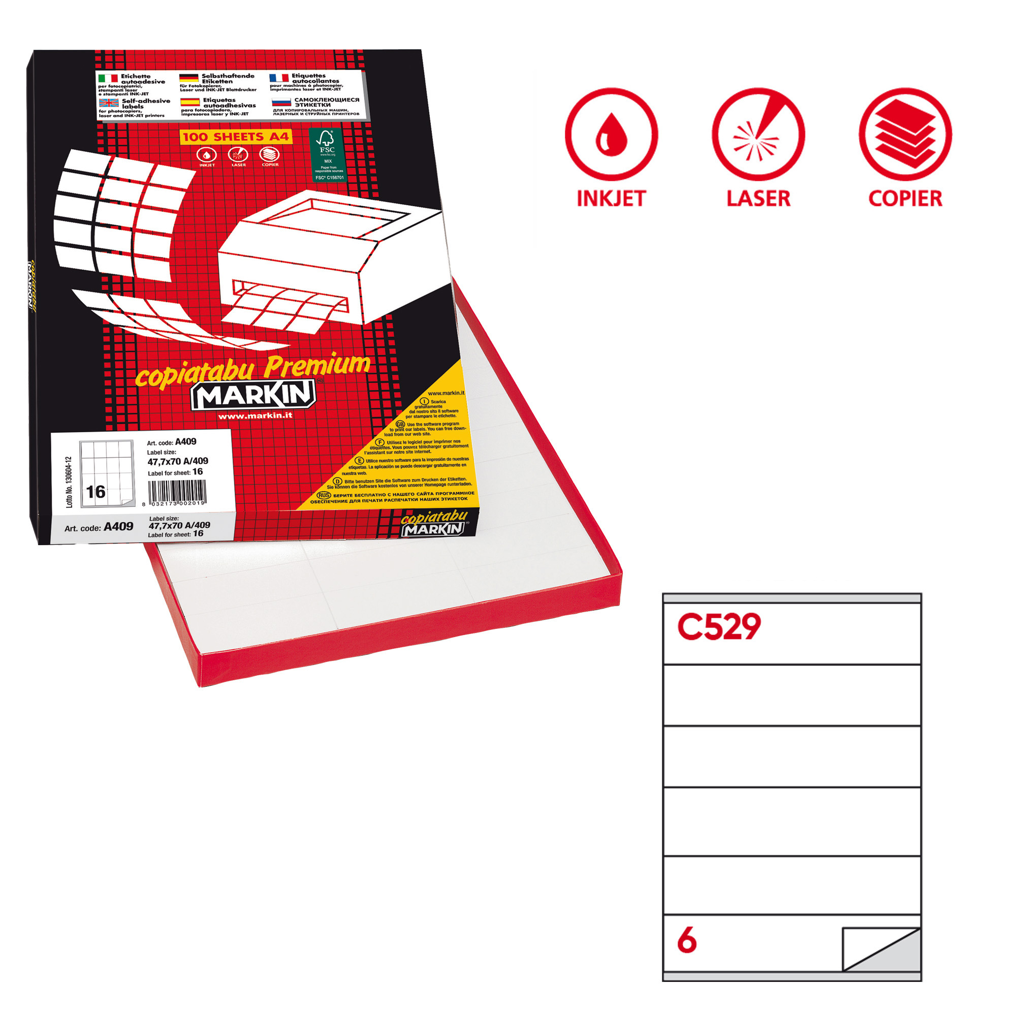 Etichette adesive C/529 - in carta - permanenti - 210 x 48 mm - 6 et/fg - 100 fogli - bianco - Markin