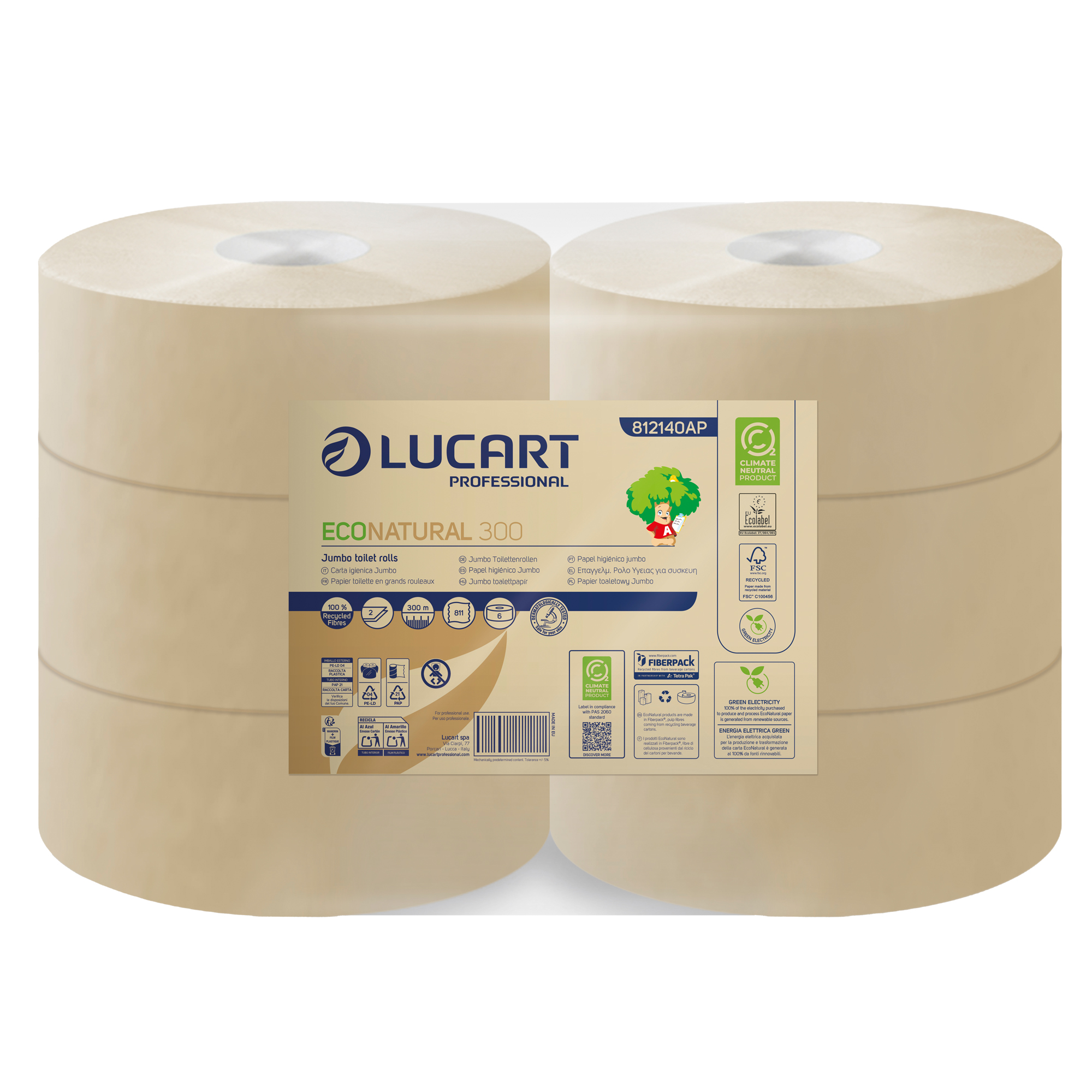 Carta igienica EcoNatural Maxi Jumbo - 9,1 cm x 300 mt - 15,5 gr - diametro 24,5 cm - Lucart