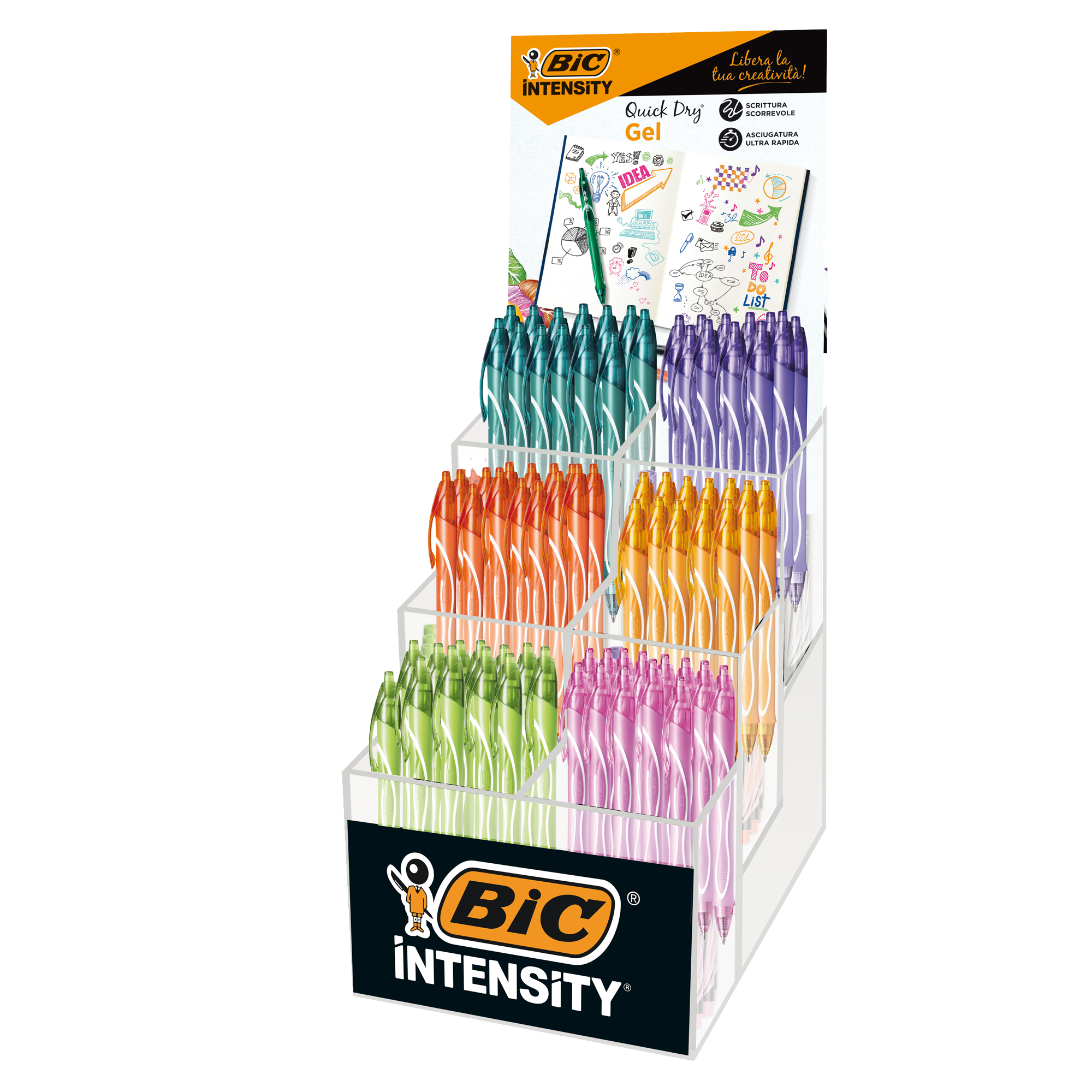Penna a sfera a scatto Intensity Gel Quick Dry - punta 0,7mm - colori assortiti - Bic - expo 102 pezzi