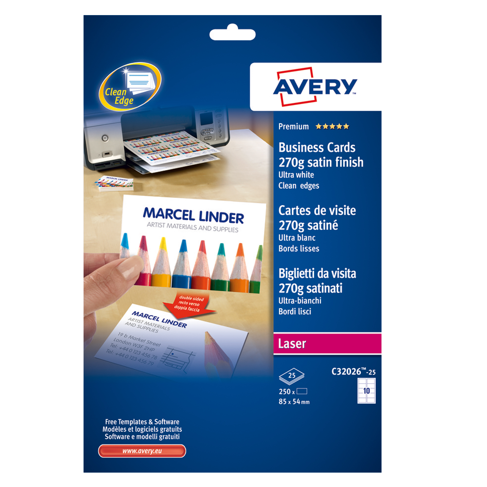 Biglietti da visita - 85 x 54 mm - 270 gr - effetto satinato - bianco - Avery - conf. 25 fogli da 10 biglietti