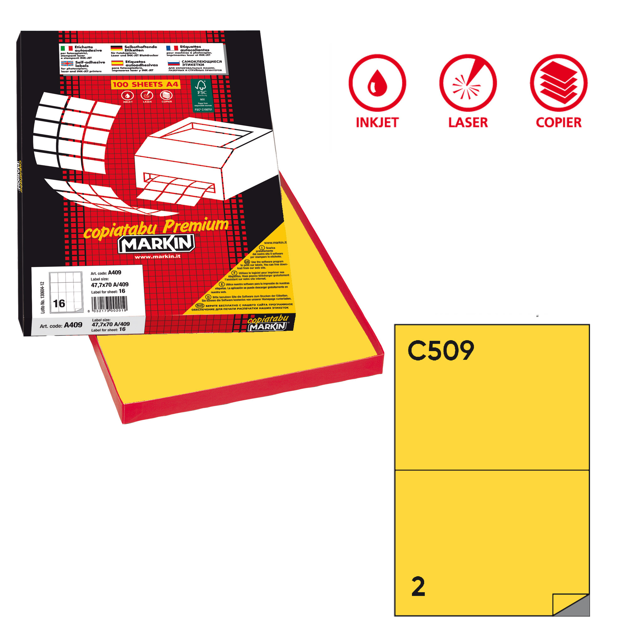 Etichette adesive C/509 - in carta - permanenti - 210 x 148,5 mm - 2 et/fg - 100 fogli - giallo - Markin
