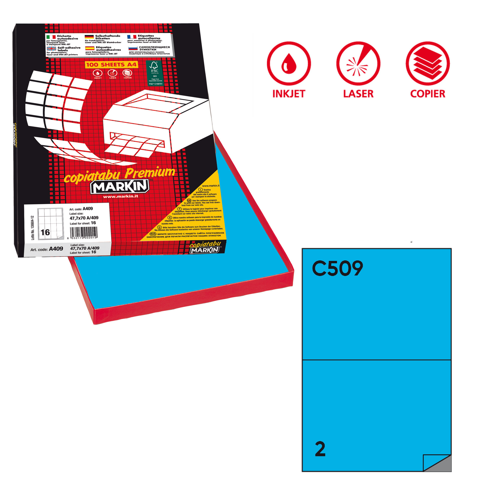 Etichette adesive C/509 - in carta - permanenti - 210 x 148,5 mm - 2 et/fg - 100 fogli - blu - Markin