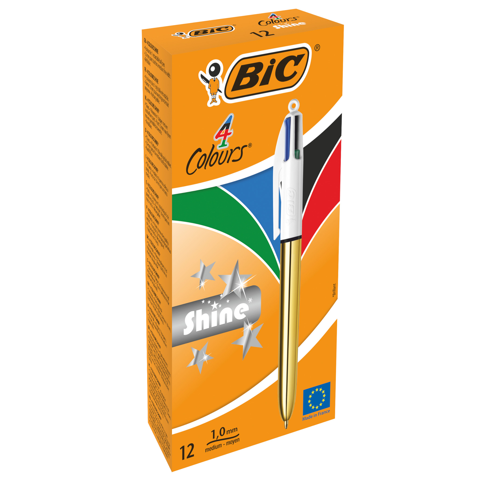 Penna sfera scatto multifunzione 4 Colors Shine - punta 1,0 mm - fusto oro - Bic – conf. 12 pezzi