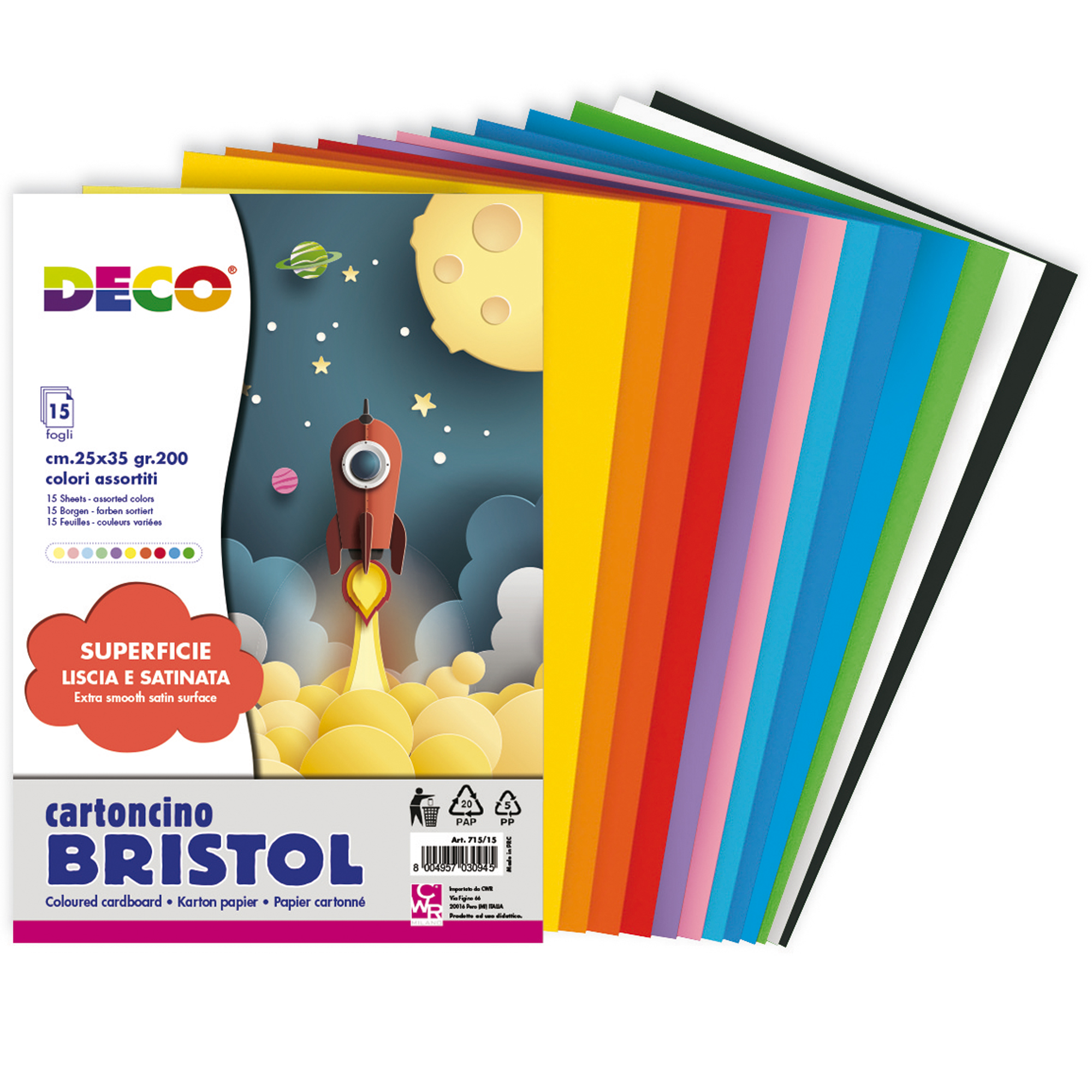 Cartoncino Bristol - 25 x 35 cm - 200 gr - colori assortiti - 15 fogli - Deco