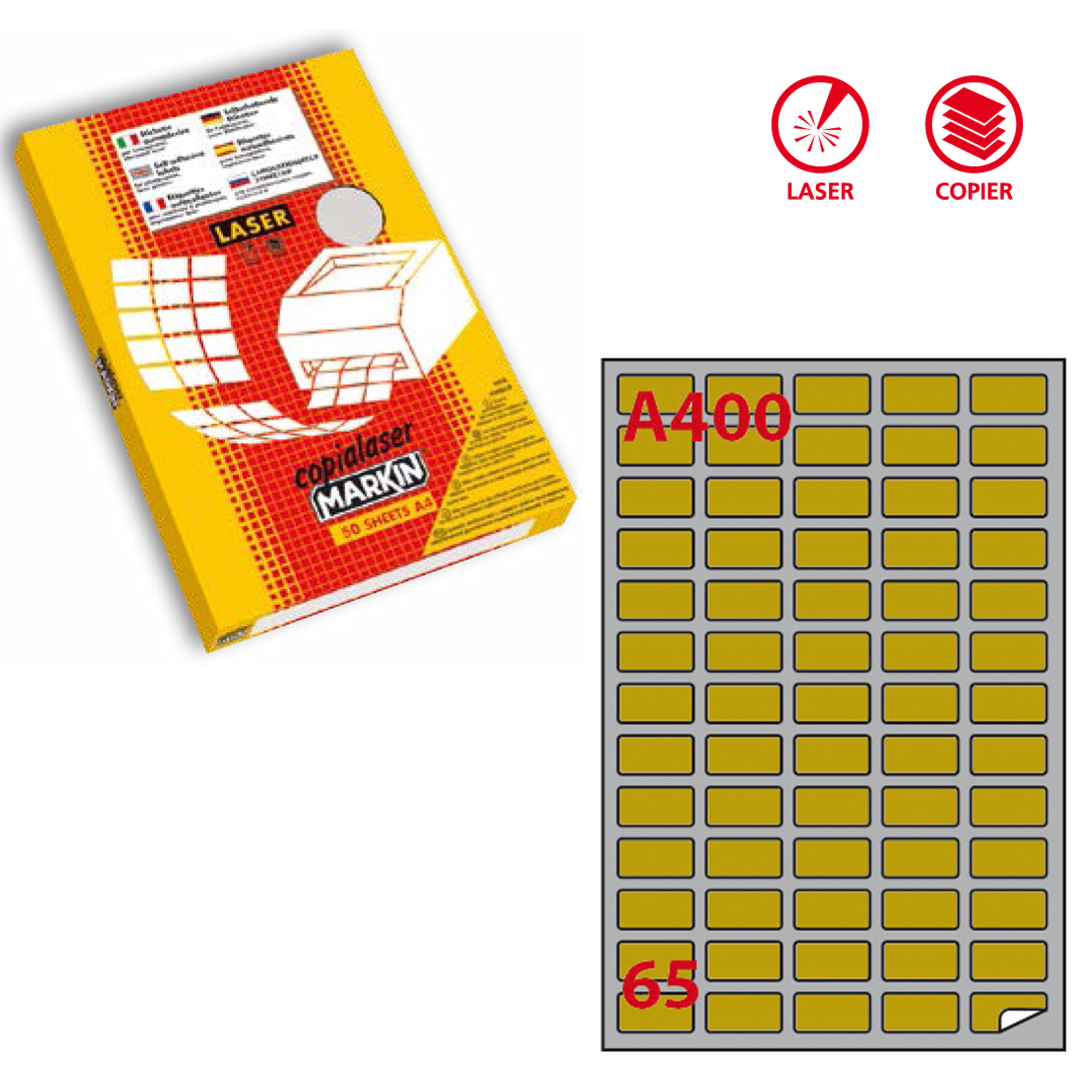 Etichette adesive A/400 - in carta - permanenti - 38,1 x 21,2 mm - 65 et/fg - 100 fogli - oro - angoli tondi - x laser - Markin
