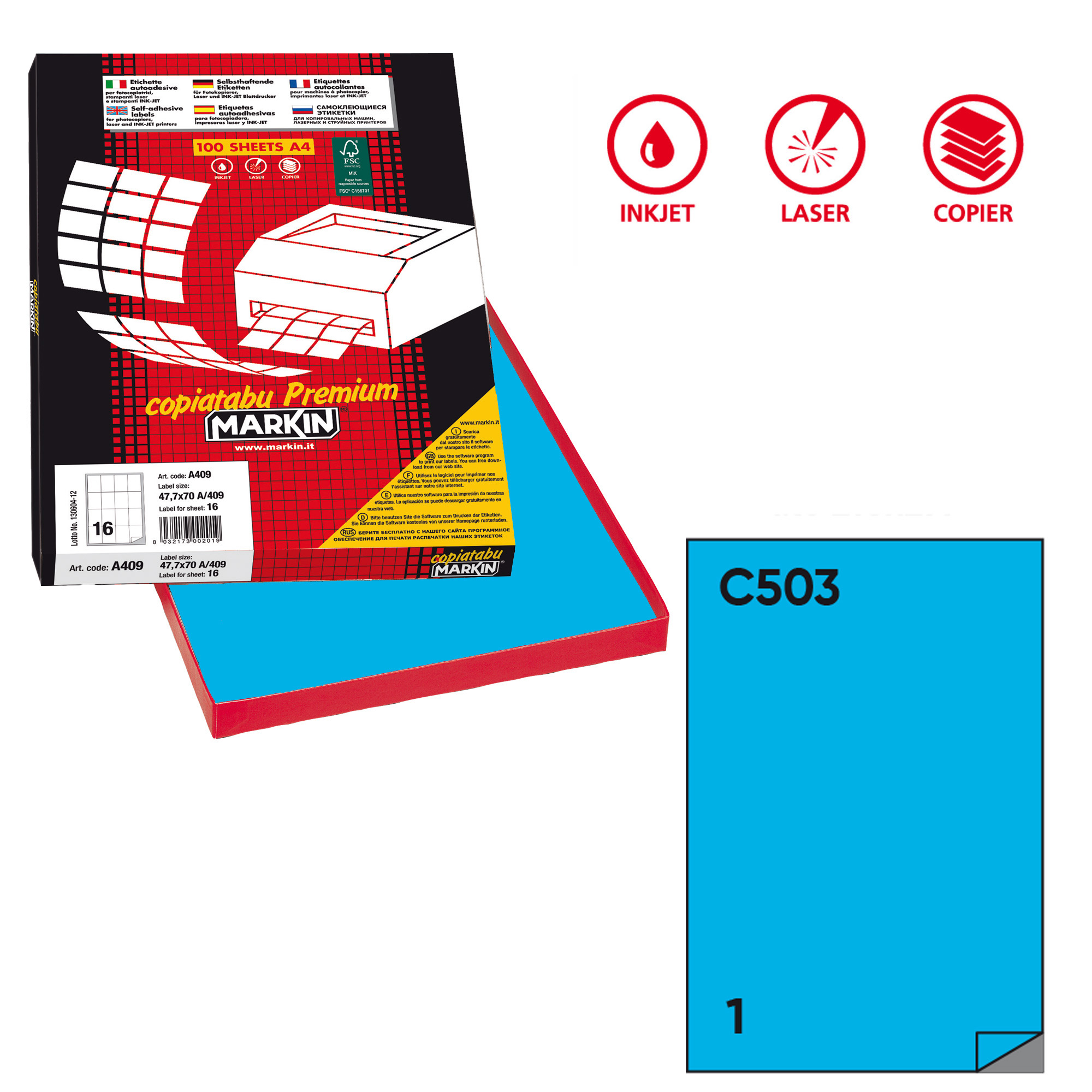 Etichette adesive C/503 - in carta - permanenti - 210 x 297 mm - 1 et/fg - 100 fogli - blu - Markin
