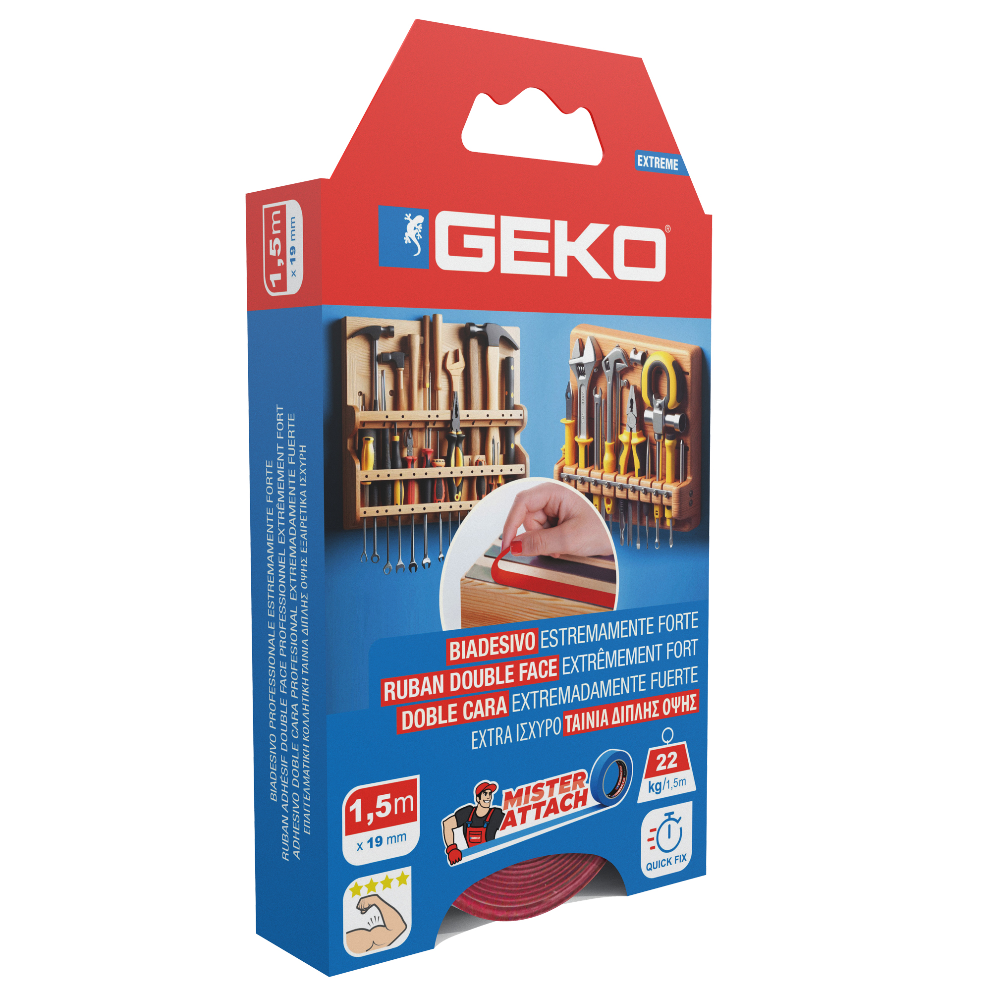 Nastro biadesivo EXTREME Mister Attach - 19 mm x 1,5 m - LDPE - grigio/rosso - Geko