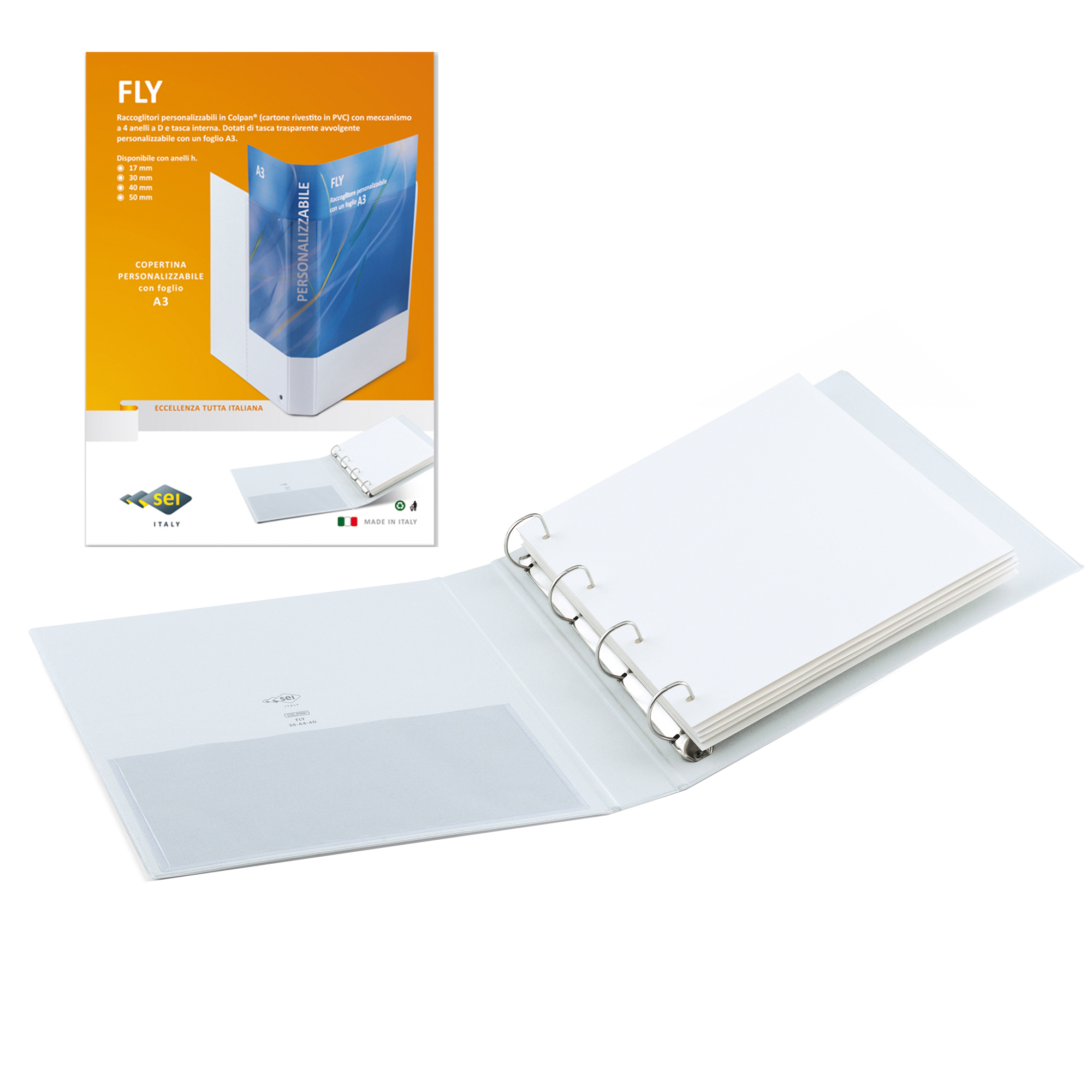 Raccoglitore personalizzabile Fly - 22 x 30 cm - 4 anelli a Q 65 mm - dorso 9 cm - bianco - Sei Rota