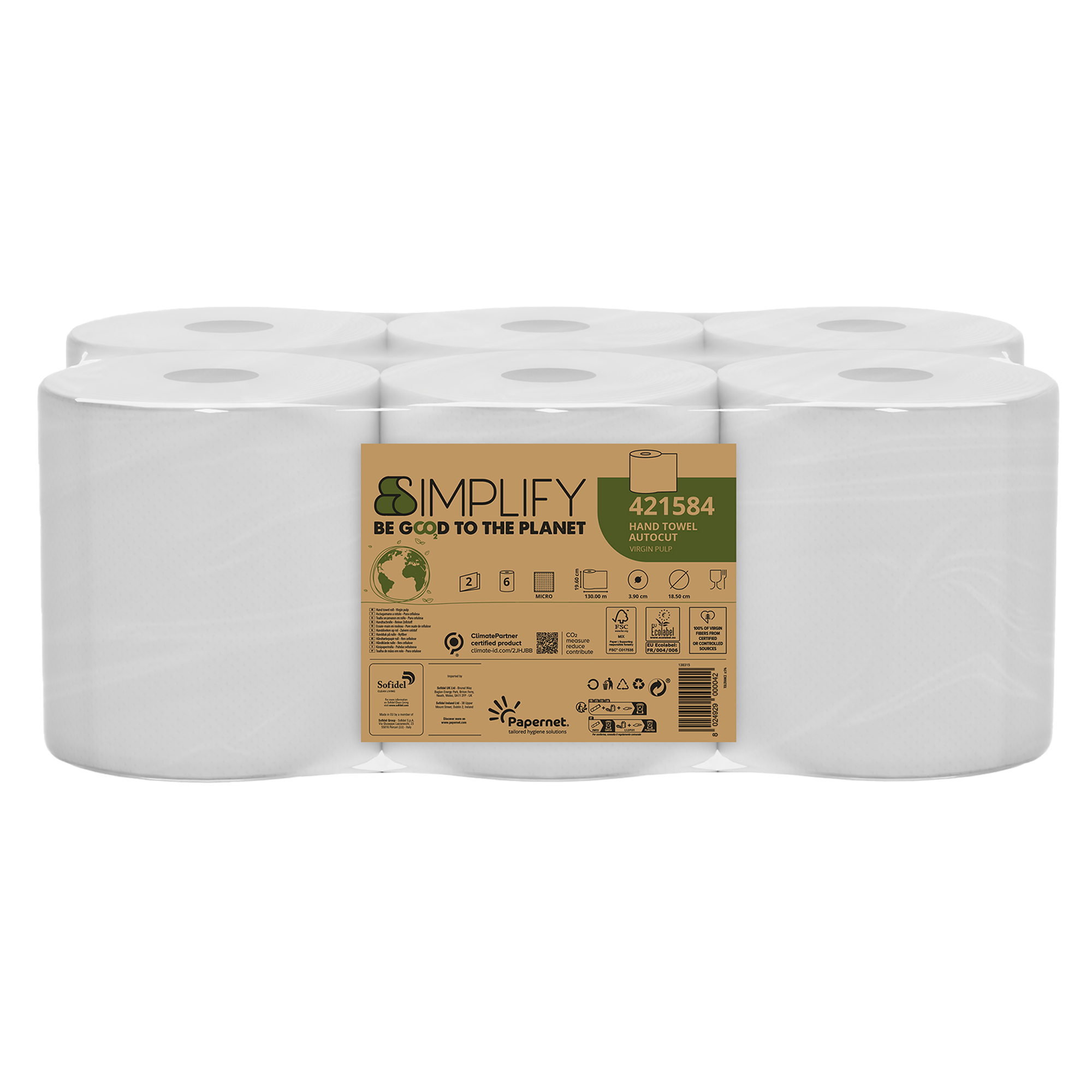 Asciugamani in rotolo Autocut Simplify - 19,6 cm x 130 m - diametro 18,5 cm - 19,5 gr - 2 veli - bianco - Papernet