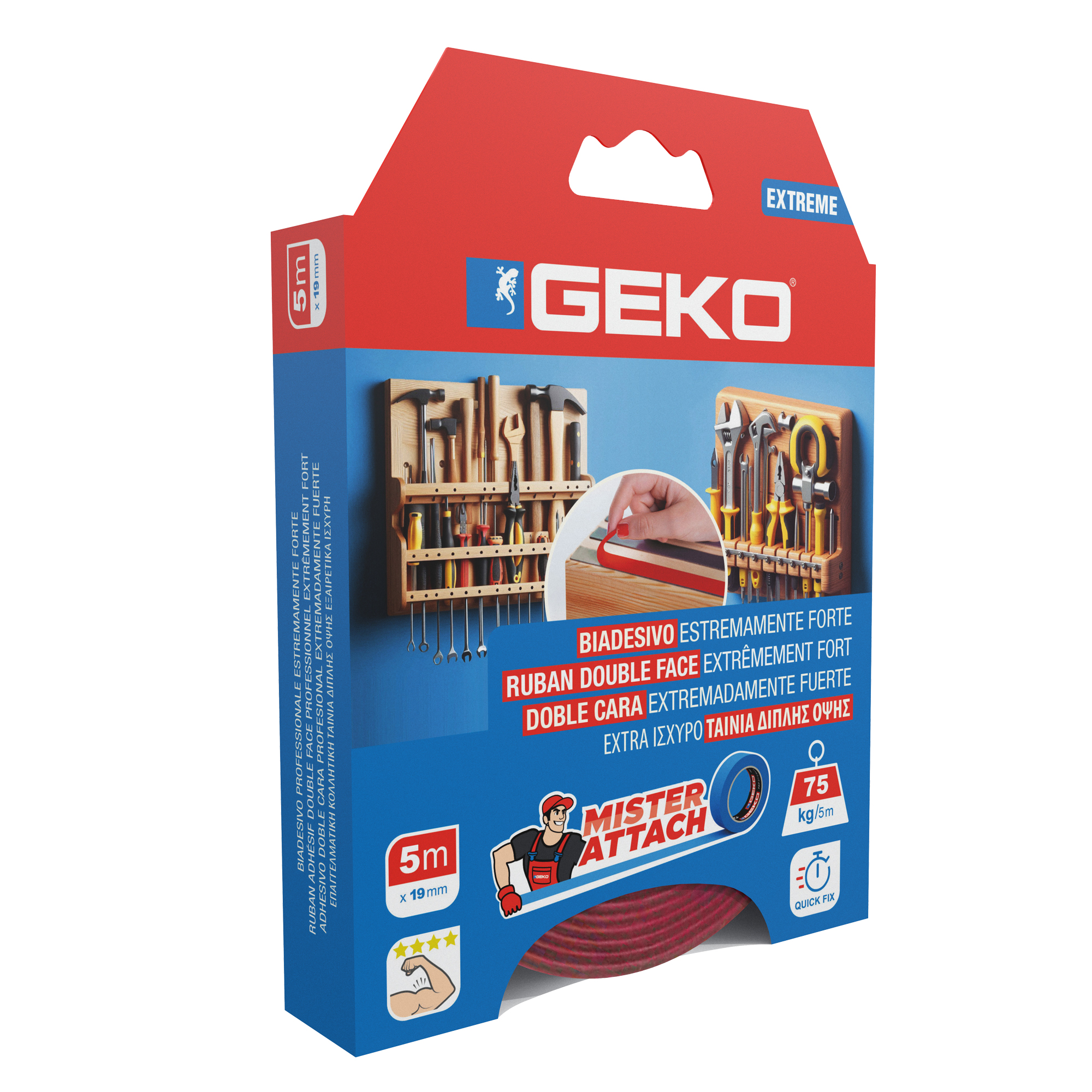 Nastro biadesivo EXTREME Mister Attach - 19 mm x 5 m - LDPE - grigio/rosso - Geko