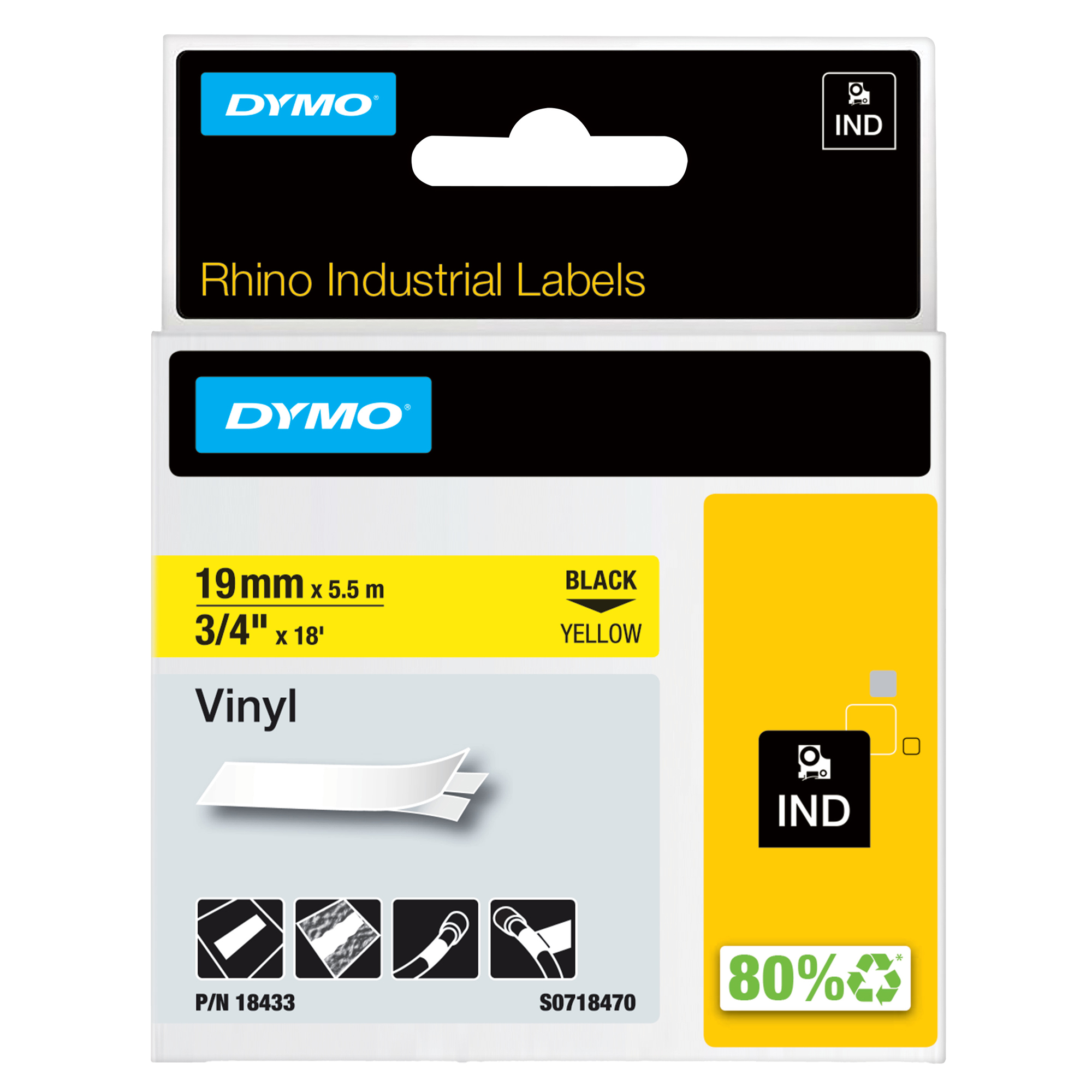 Nastro Rhino 18433 - 19 mm x 5,5 mt - poliestere permanente - nero/giallo - Dymo