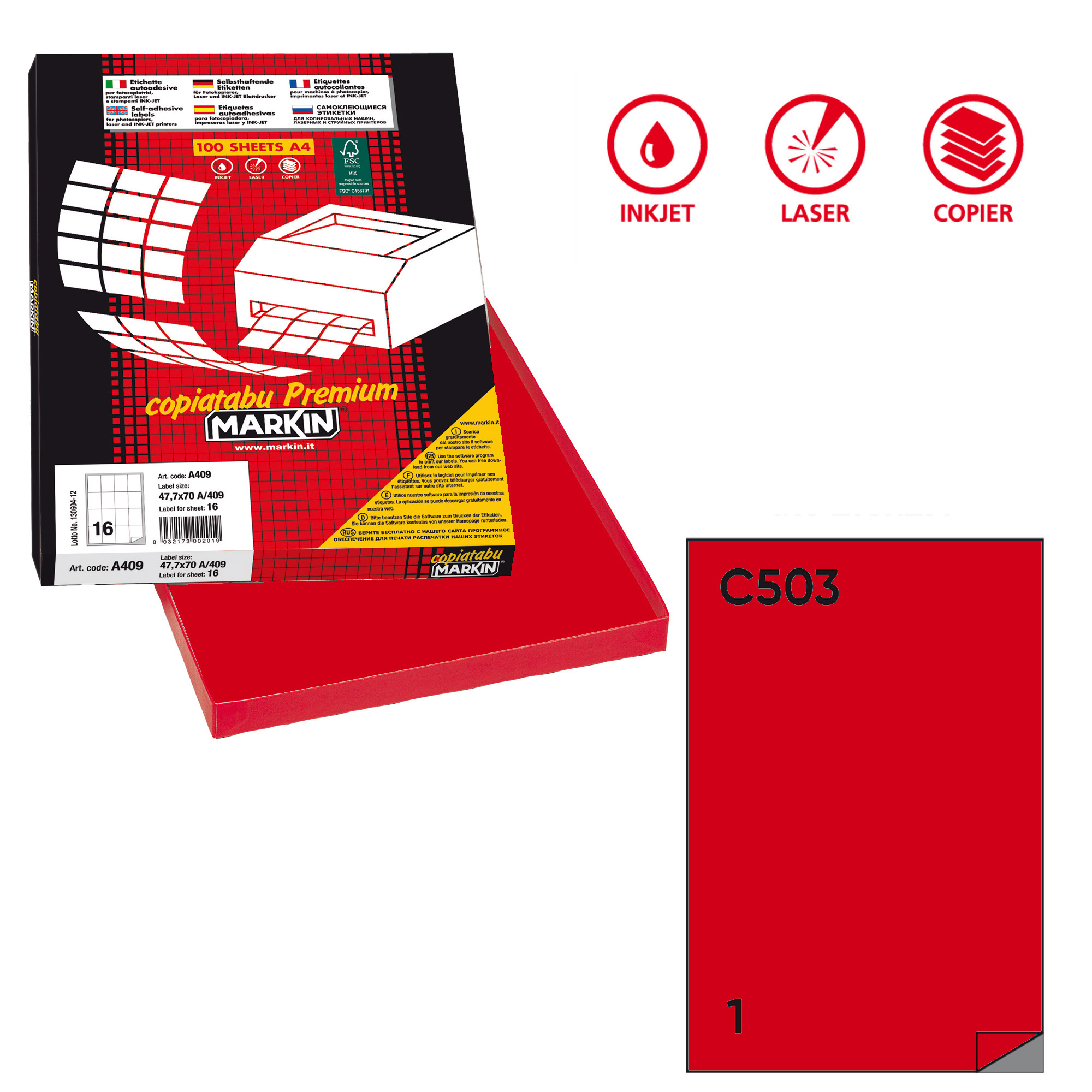 Etichette adesive C/503 - in carta - permanenti - 210 x 297 mm - 1 et/fg - 100 fogli - rosso - Markin