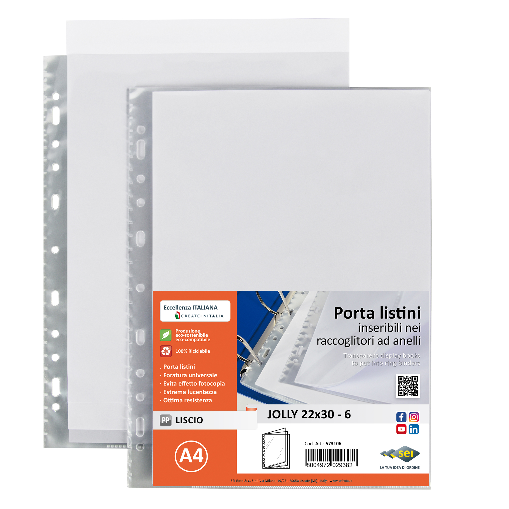 Portalistini Jolly - 6 buste forate - 22 x 30 cm - PP trasparente - liscio - Sei rota