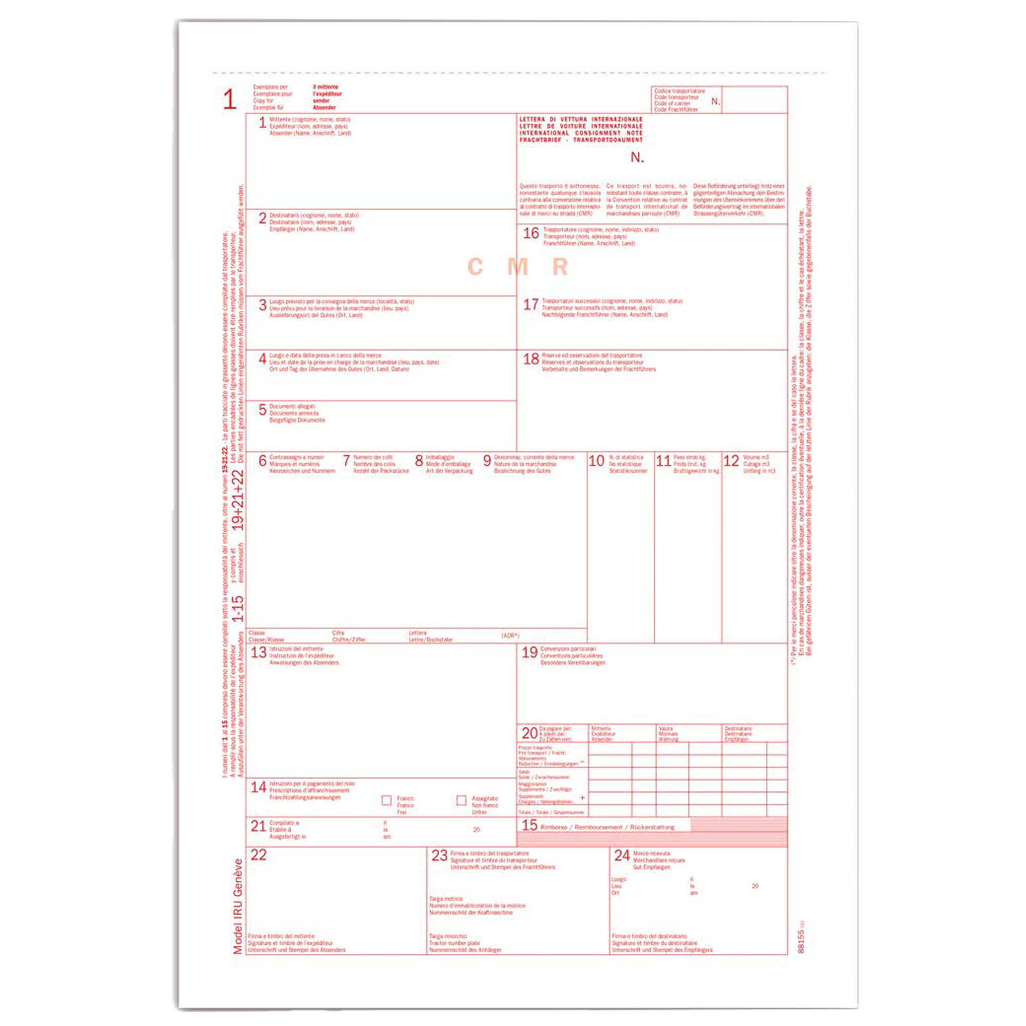 Lettera di vettura internazionale CMR SNAP - 31 x 21 cm - 5 copie autoric. - Data Ufficio
