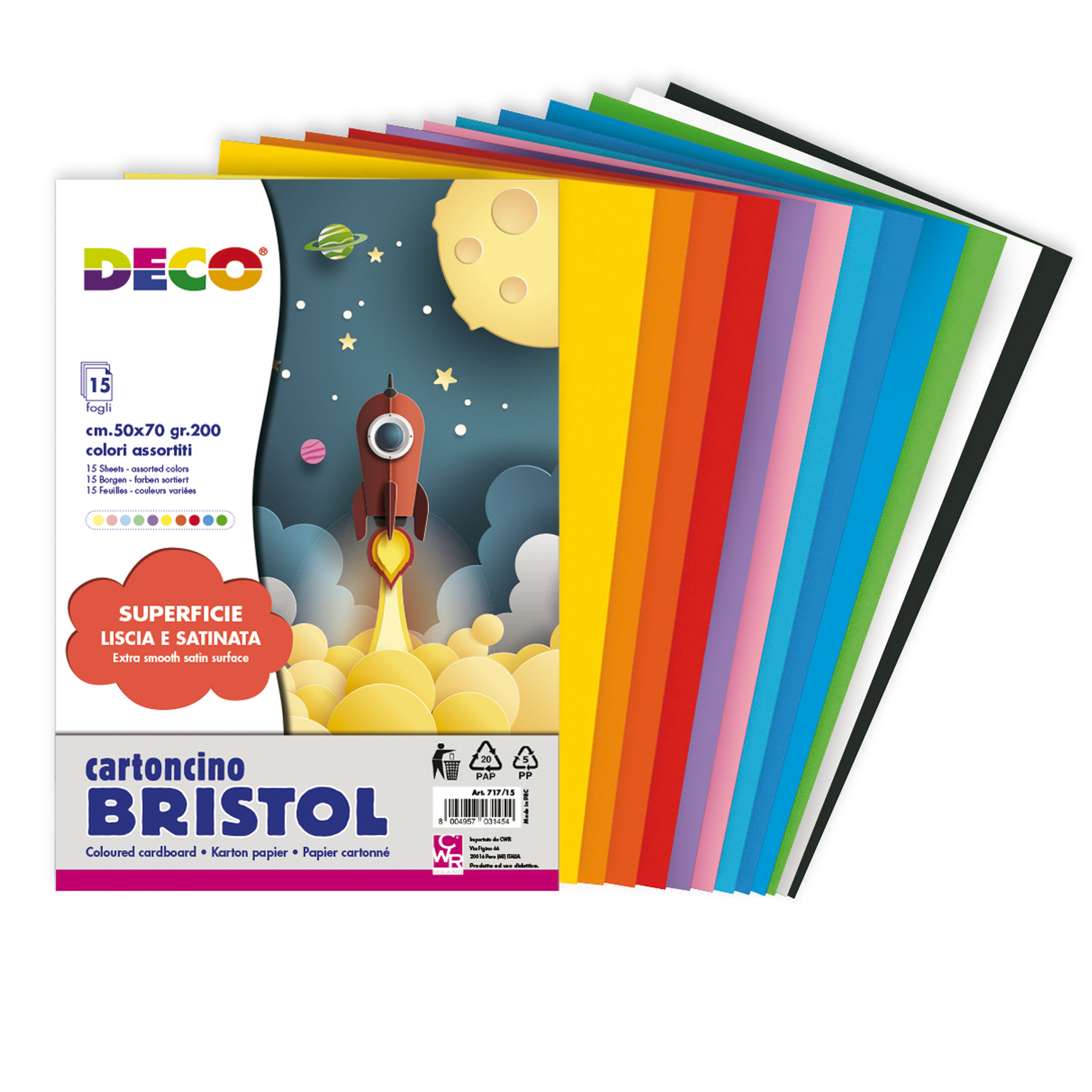 Cartoncino Bristol - 50 x 70 cm - 200 gr - colori assortiti - 15 fogli - Deco