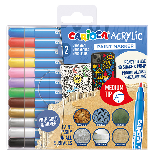 Marcatore Paint Marker acrilico - punta media - colori assortiti - Carioca - conf. 12 pezzi