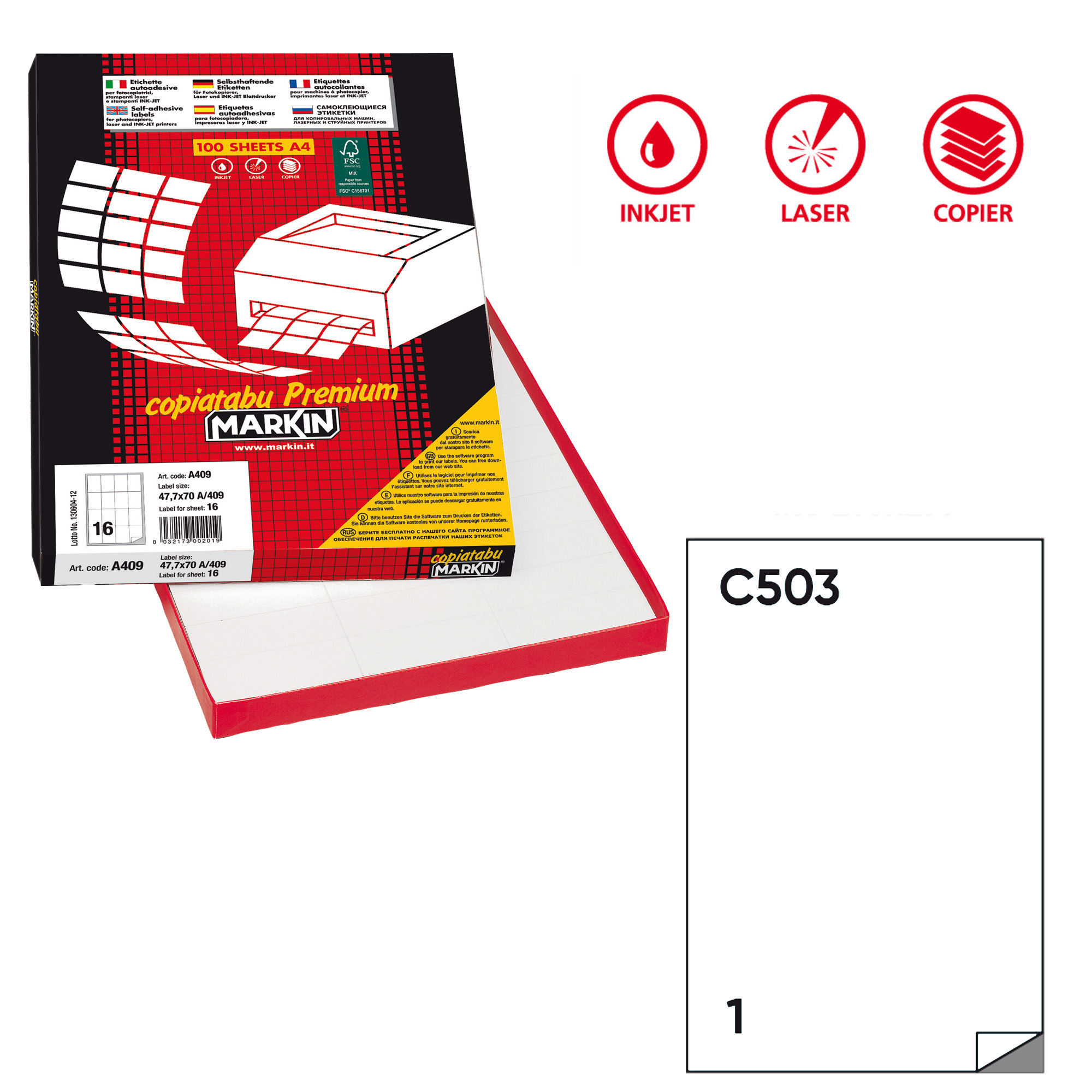Etichette adesive C/503 - in carta - permanenti - 210 x 297 mm - 1 et/fg - 100 fogli - bianco - Markin