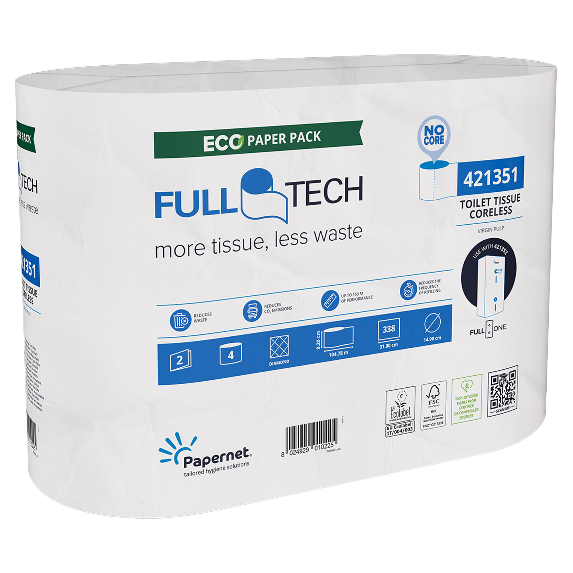 Carta Igienica FullTech - senza anima - 104,78 m - cellulosa - bianco - Papernet - pacco 4 rotoli