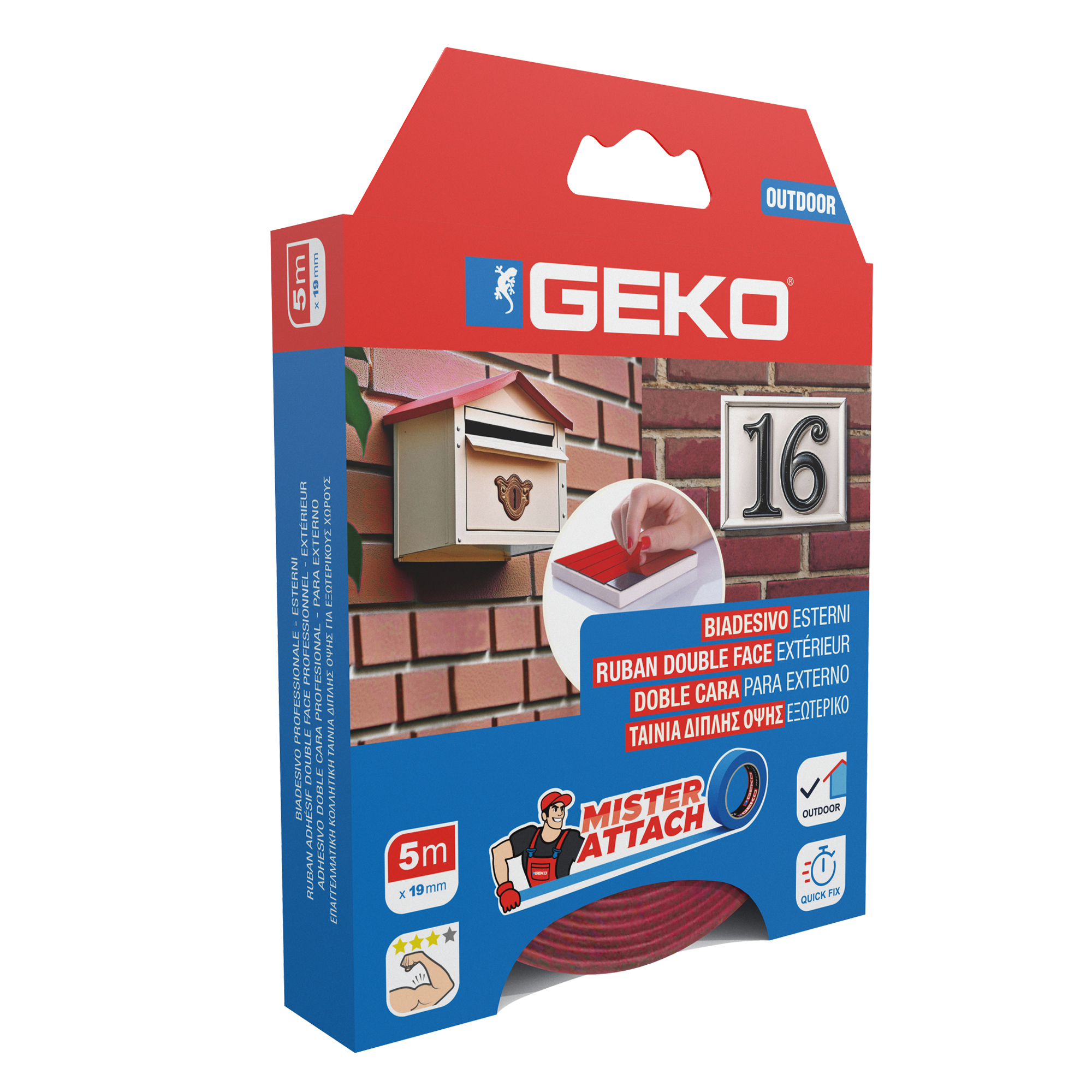 Nastro biadesivo OUTDOOR Mister Attach - 19 mm x 5 m - PP - grigio/rosso - Geko